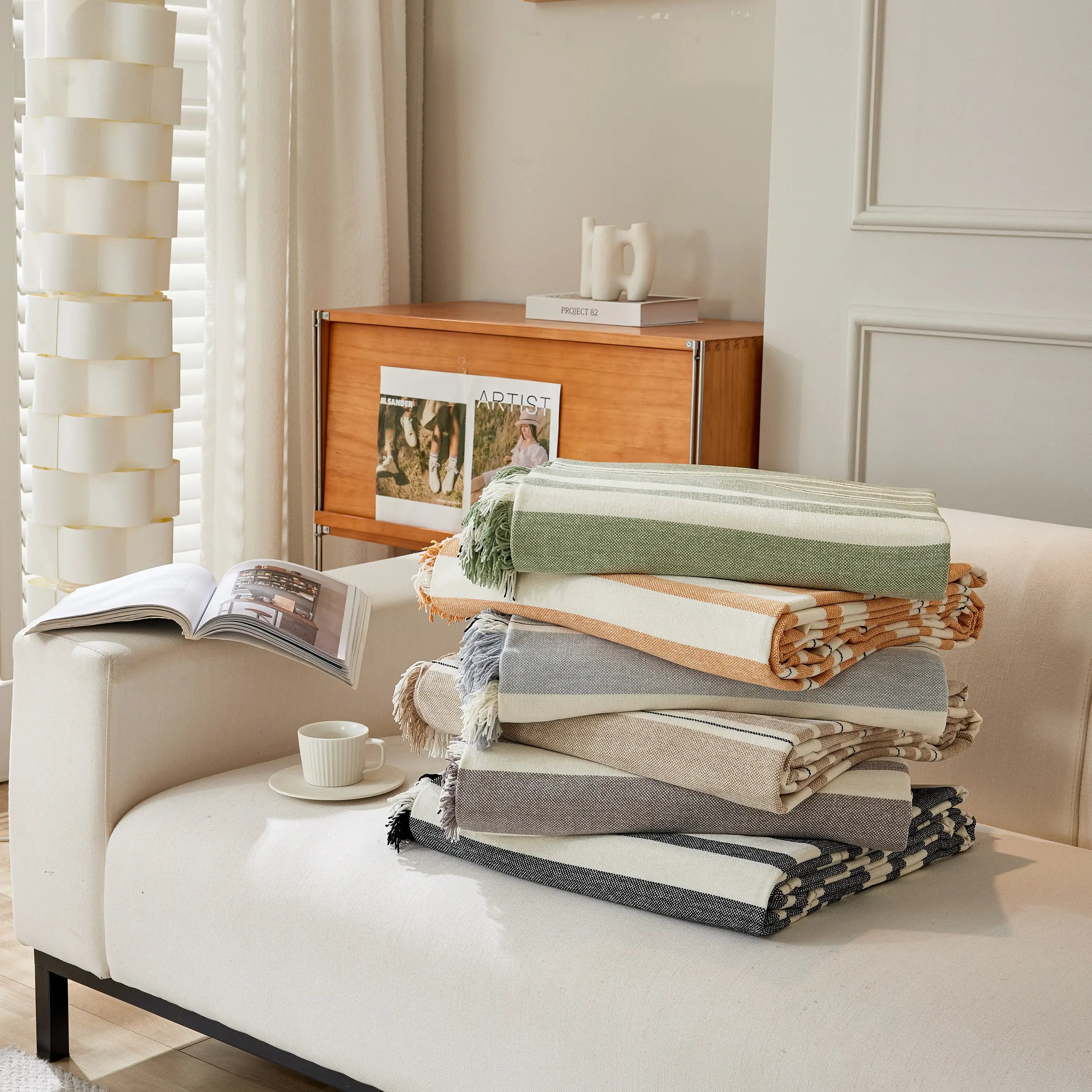 Striped Chenille Sofa Slipcover Throw, Soft Thick Washable Couch Cover Blanket - TaroTextile