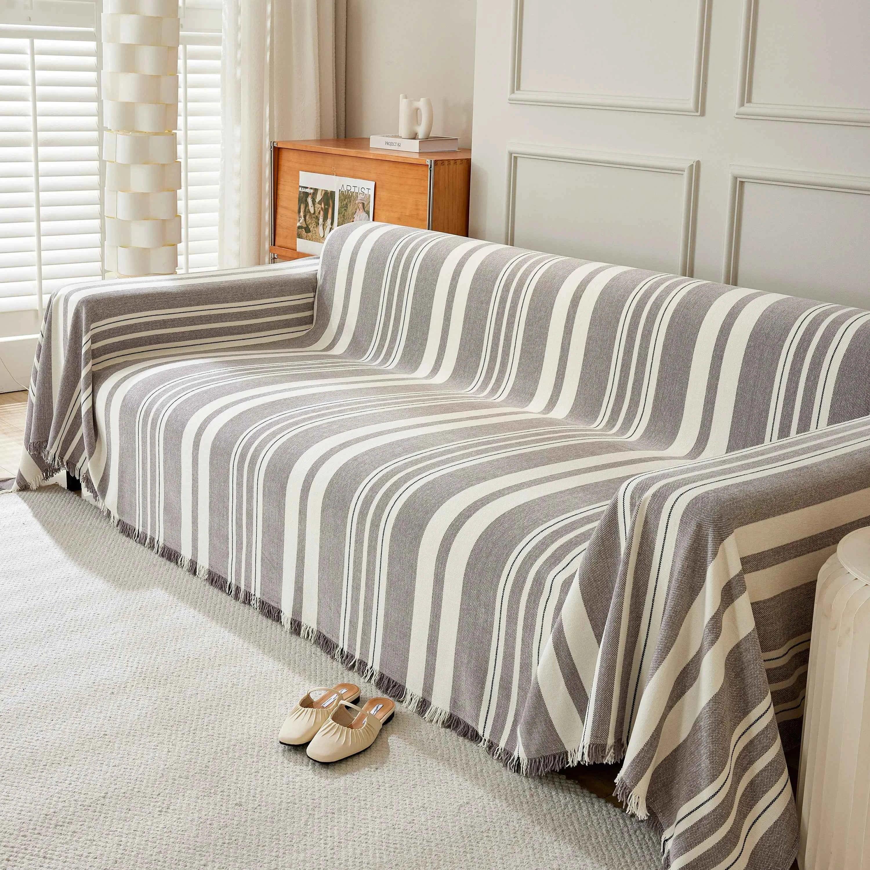 Striped Chenille Sofa Slipcover Throw, Soft Thick Washable Couch Cover Blanket - TaroTextile