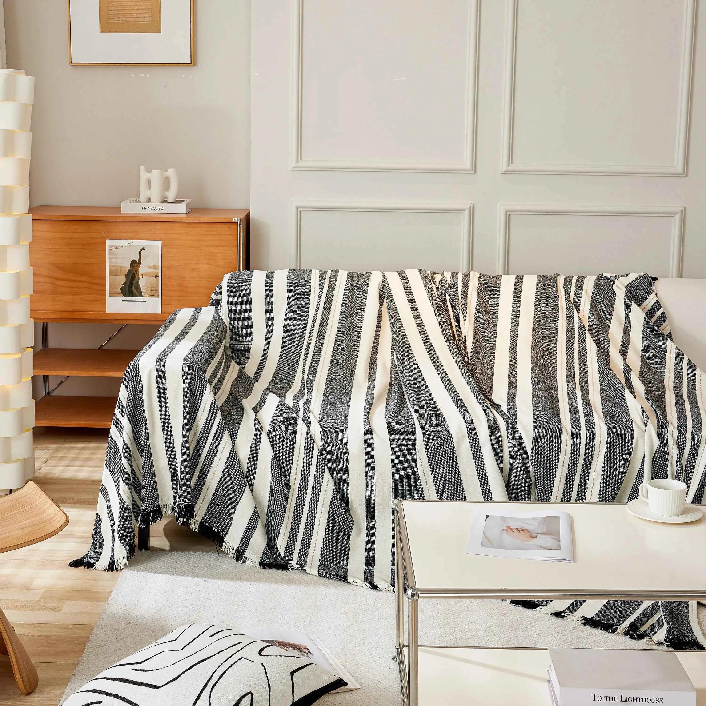 Striped Chenille Sofa Slipcover Throw, Soft Thick Washable Couch Cover Blanket - TaroTextile