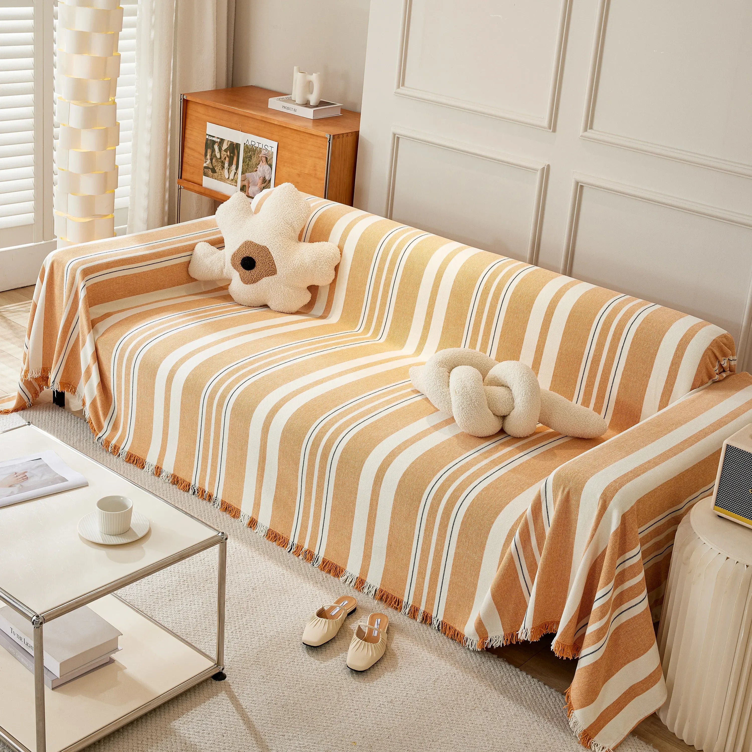 Striped Chenille Sofa Slipcover Throw, Soft Thick Washable Couch Cover Blanket - TaroTextile