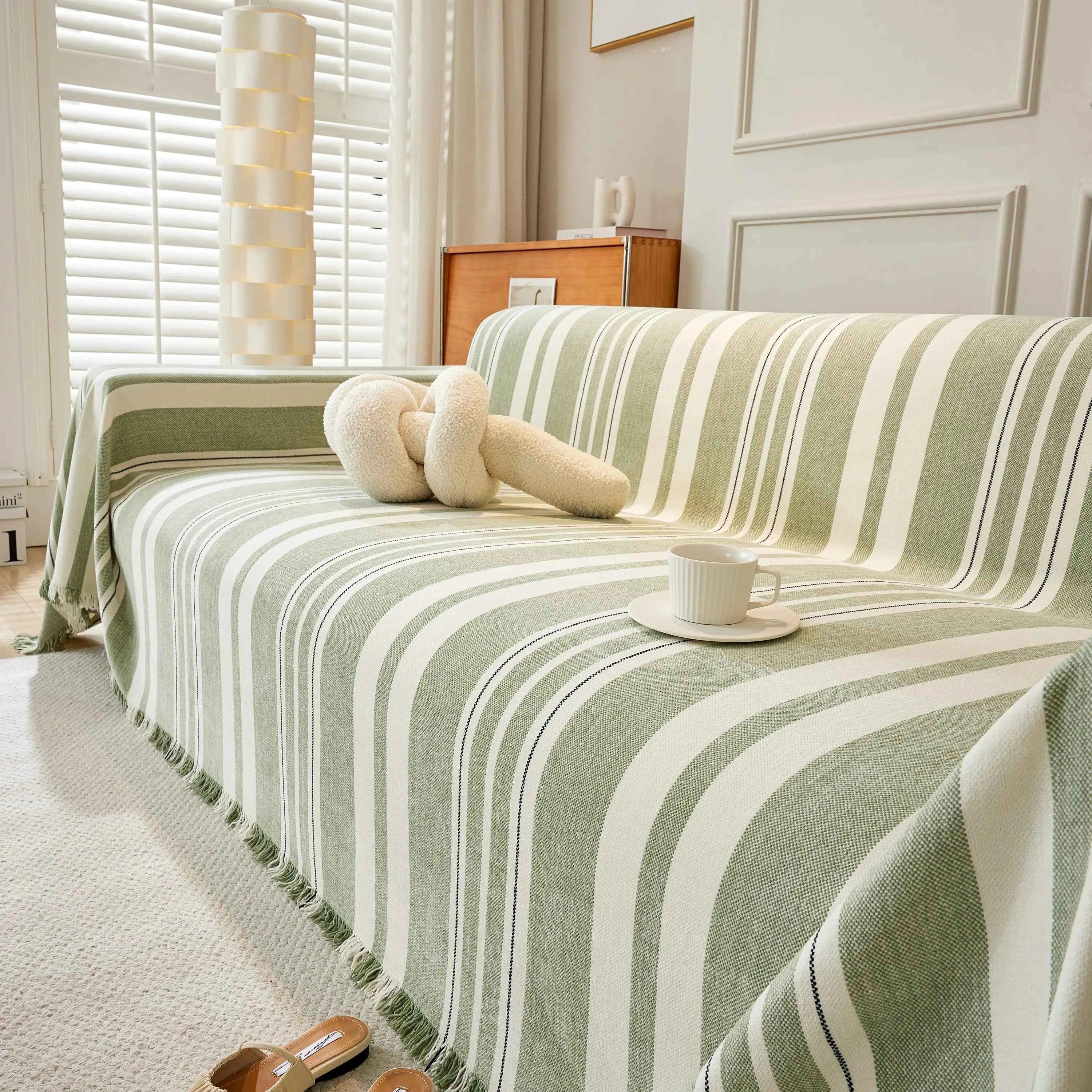 Striped Chenille Sofa Slipcover Throw, Soft Thick Washable Couch Cover Blanket - TaroTextile