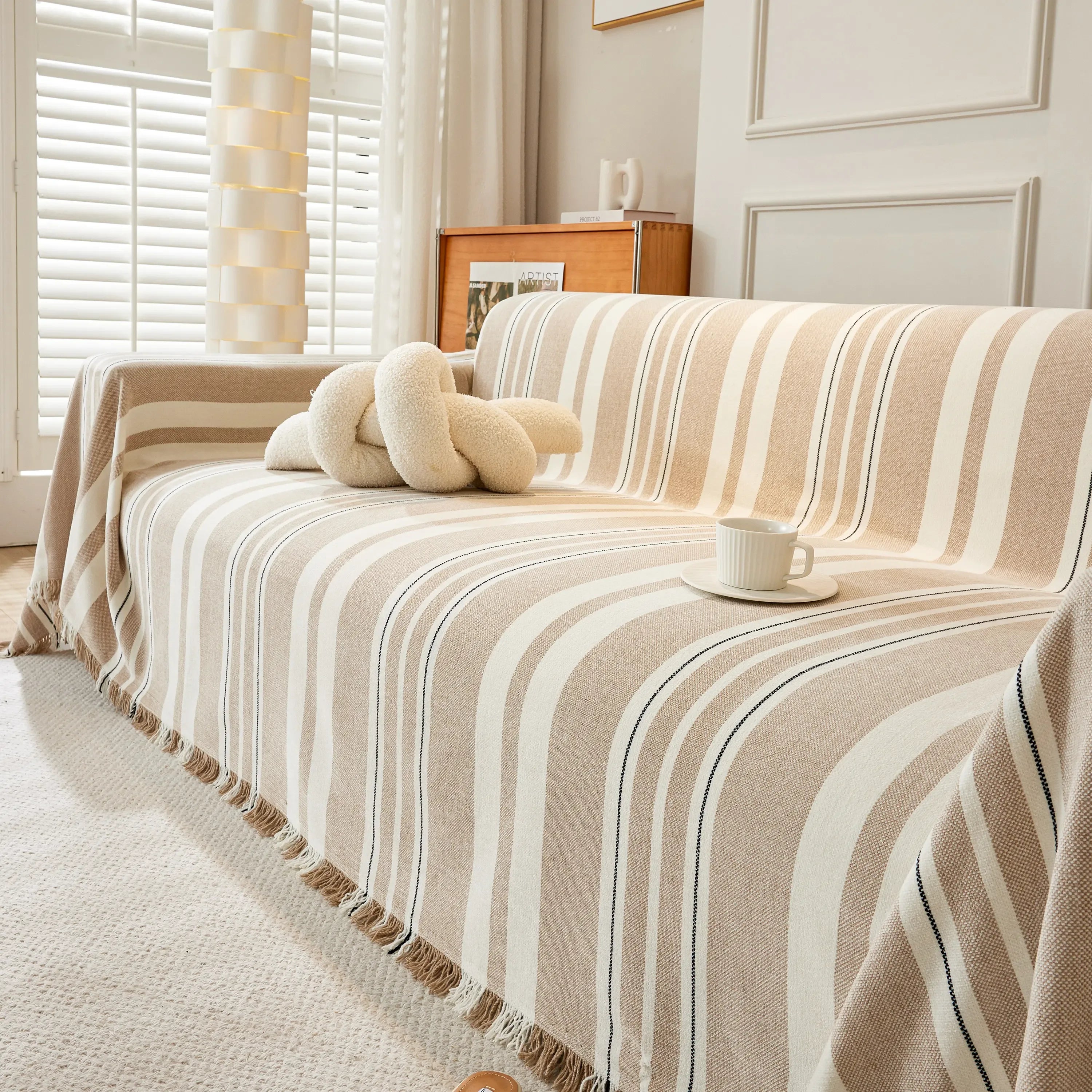 Striped Chenille Sofa Slipcover Throw, Soft Thick Washable Couch Cover Blanket - TaroTextile