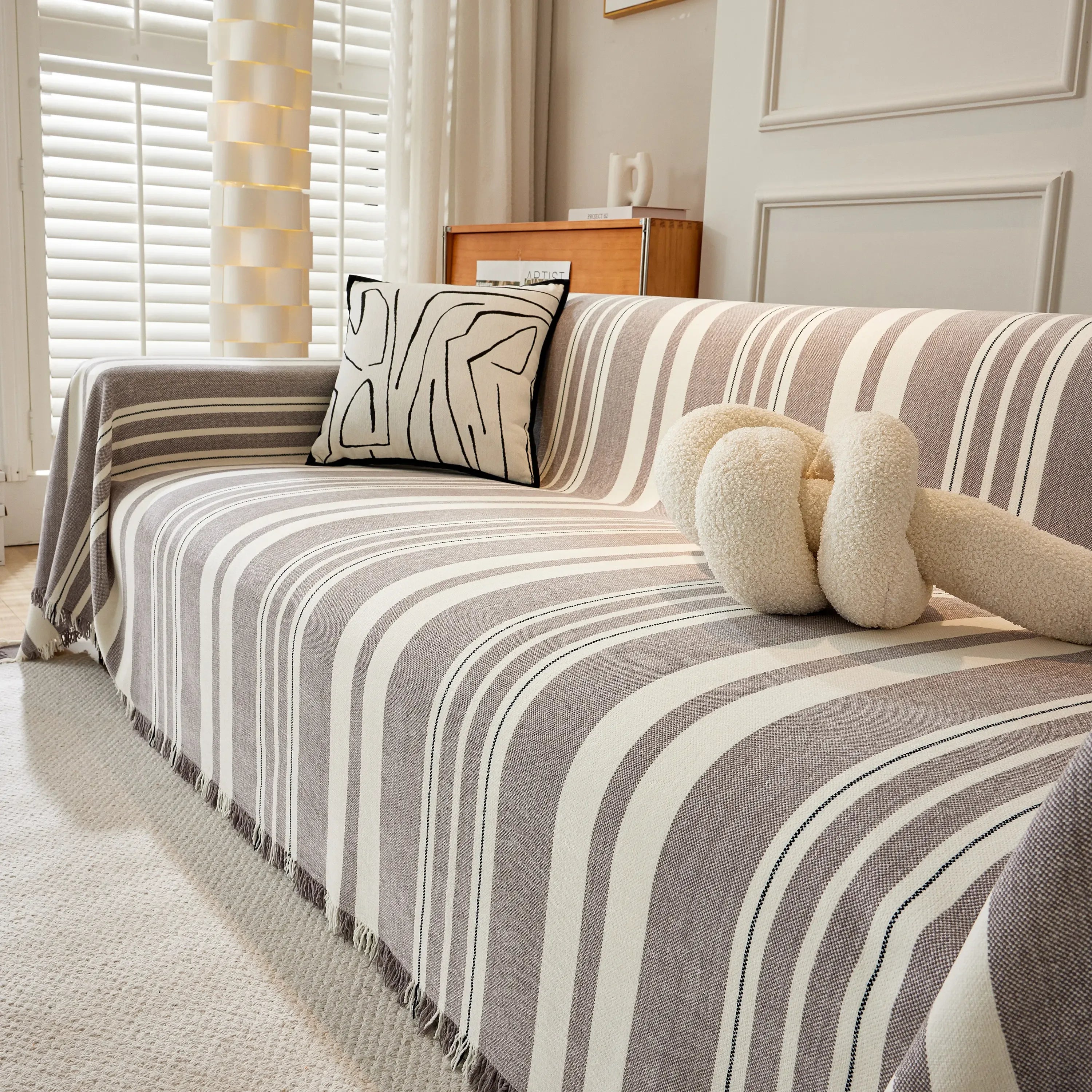 Striped Chenille Sofa Slipcover Throw, Soft Thick Washable Couch Cover Blanket - TaroTextile