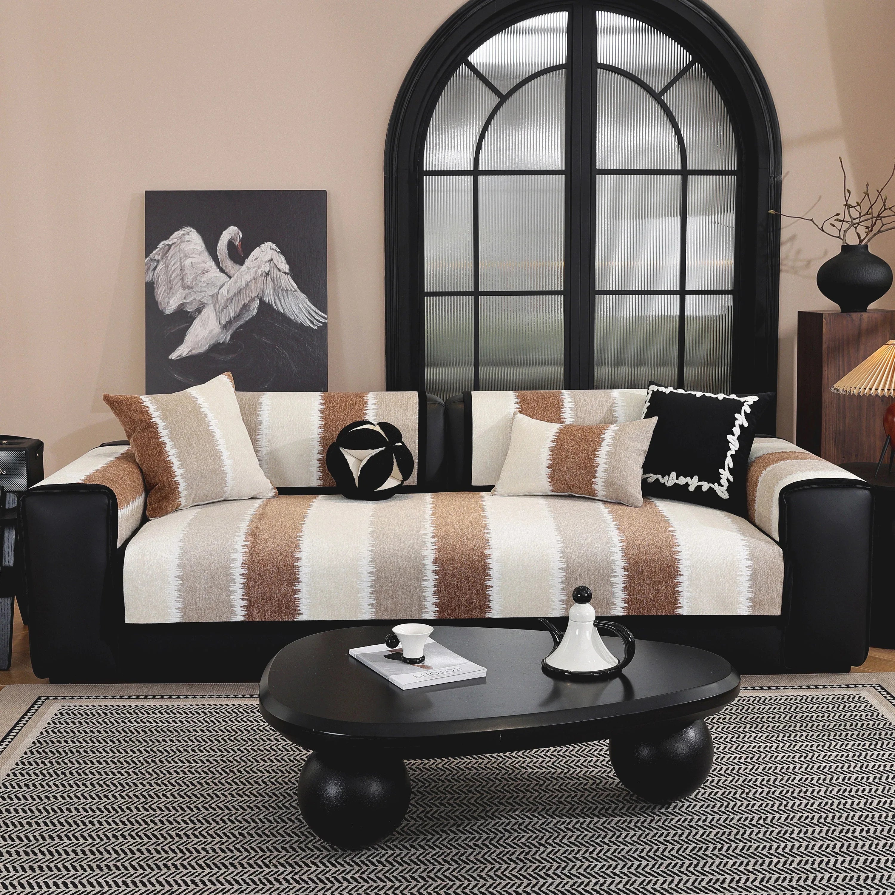 Striped Colorblock Non-Slip Sectional Couch Covers, Chenille Sofa Protector Cover - TaroTextile