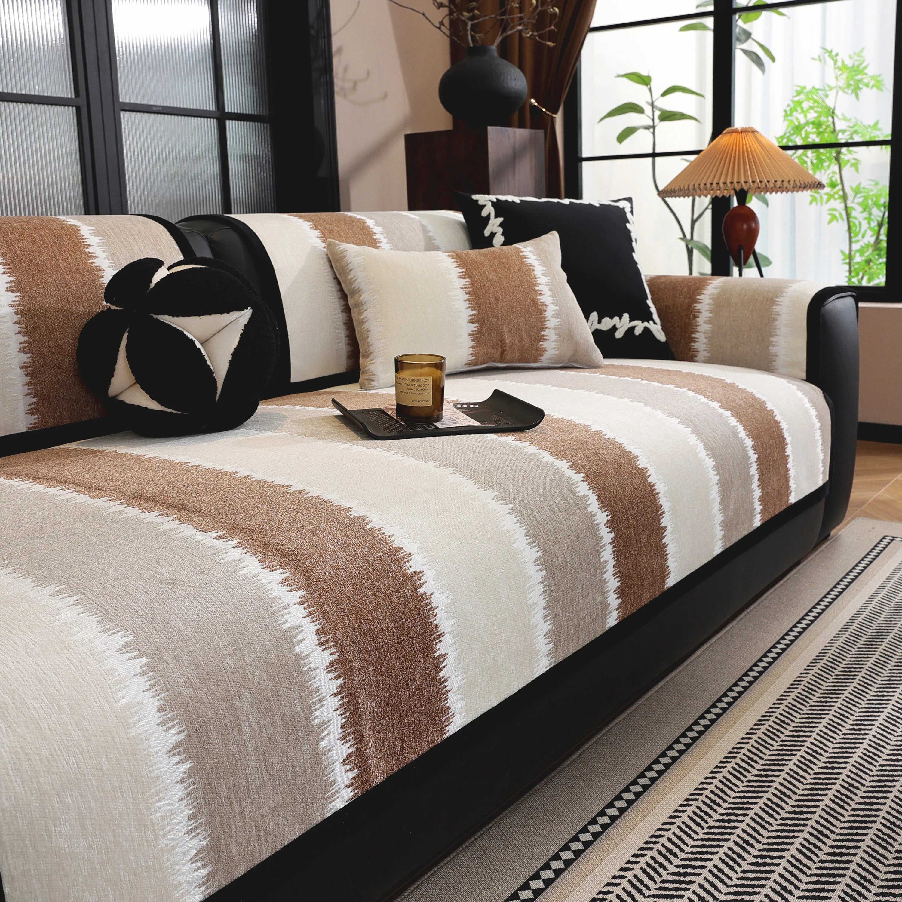 Striped Colorblock Non-Slip Sectional Couch Covers, Chenille Sofa Protector Cover - TaroTextile