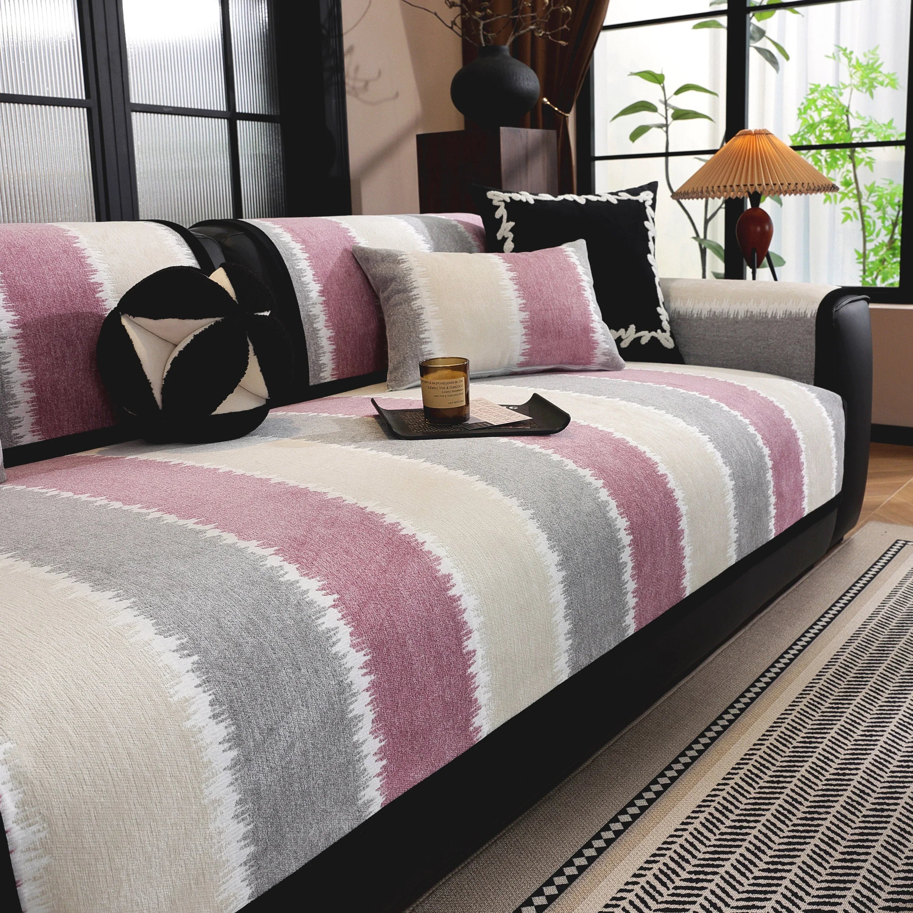 Striped Colorblock Non-Slip Sectional Couch Covers, Chenille Sofa Protector Cover - TaroTextile