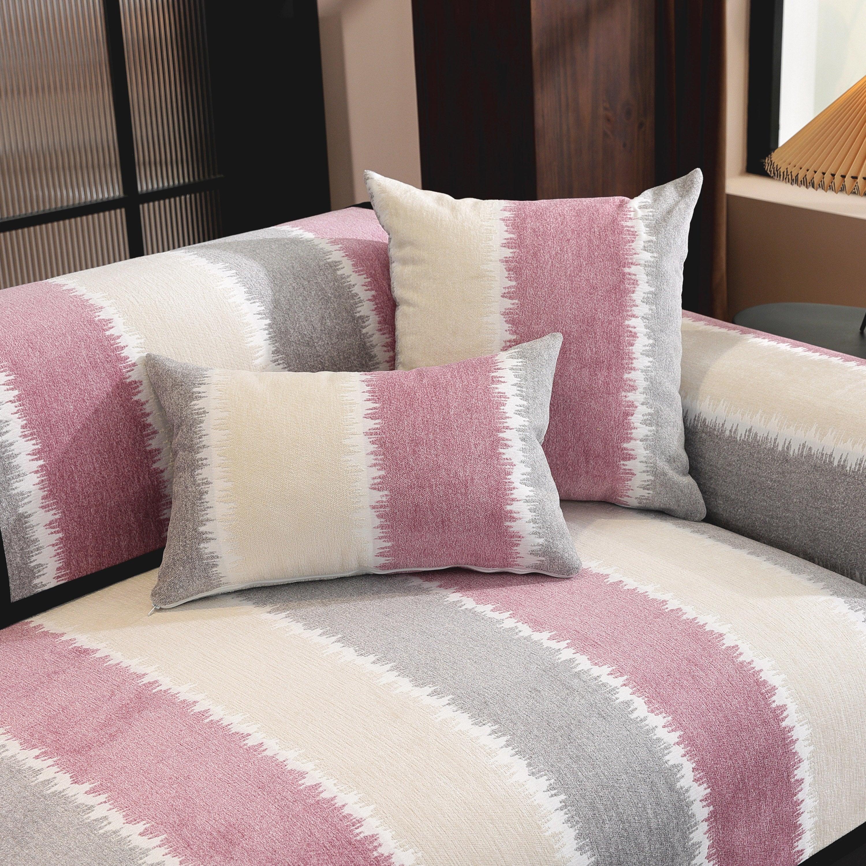 Striped Colorblock Non-Slip Sectional Couch Covers, Chenille Sofa Protector Cover - TaroTextile