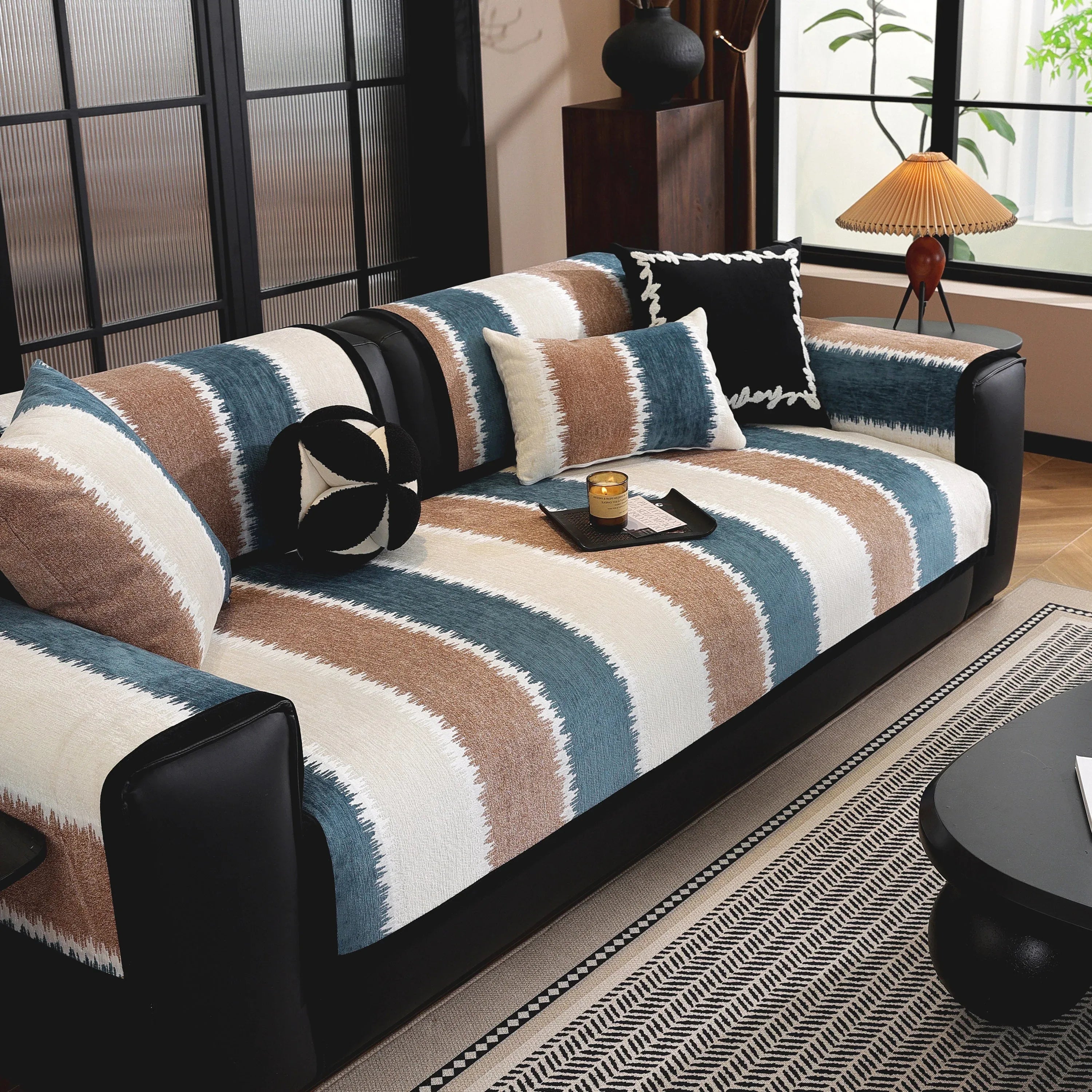 Striped Colorblock Non-Slip Sectional Couch Covers, Chenille Sofa Protector Cover - TaroTextile