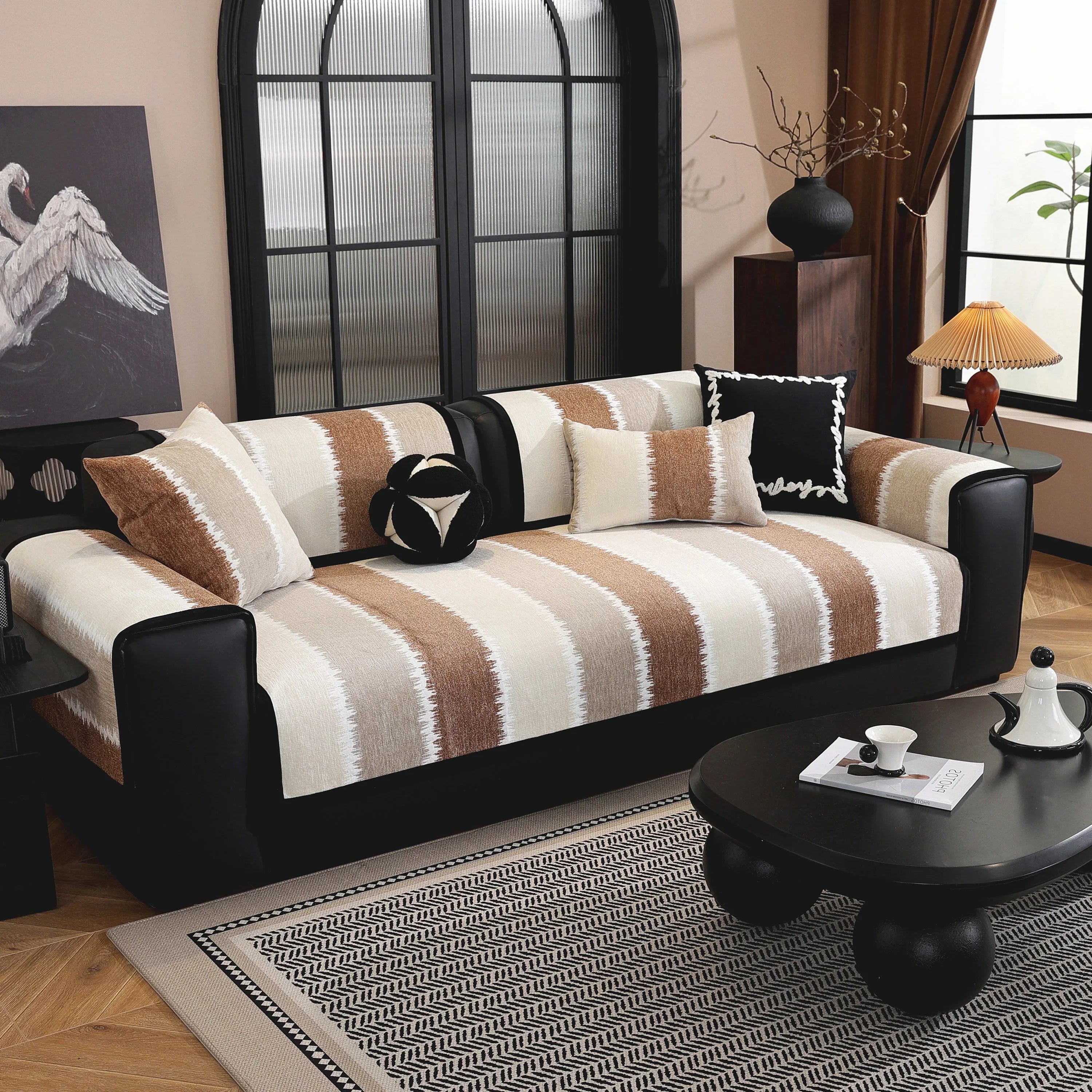 Striped Colorblock Non-Slip Sectional Couch Covers, Chenille Sofa Protector Cover - TaroTextile