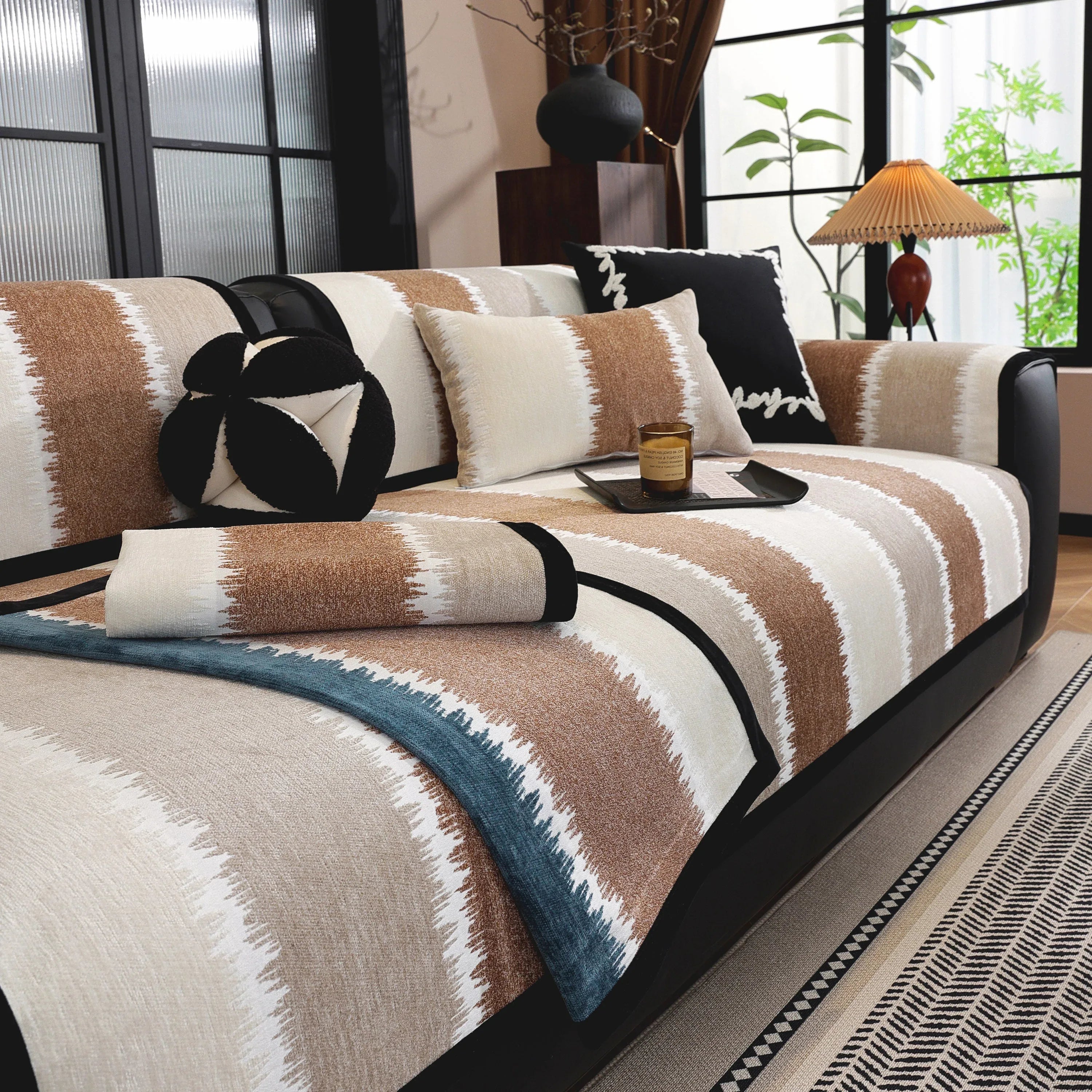 Striped Colorblock Non-Slip Sectional Couch Covers, Chenille Sofa Protector Cover - TaroTextile