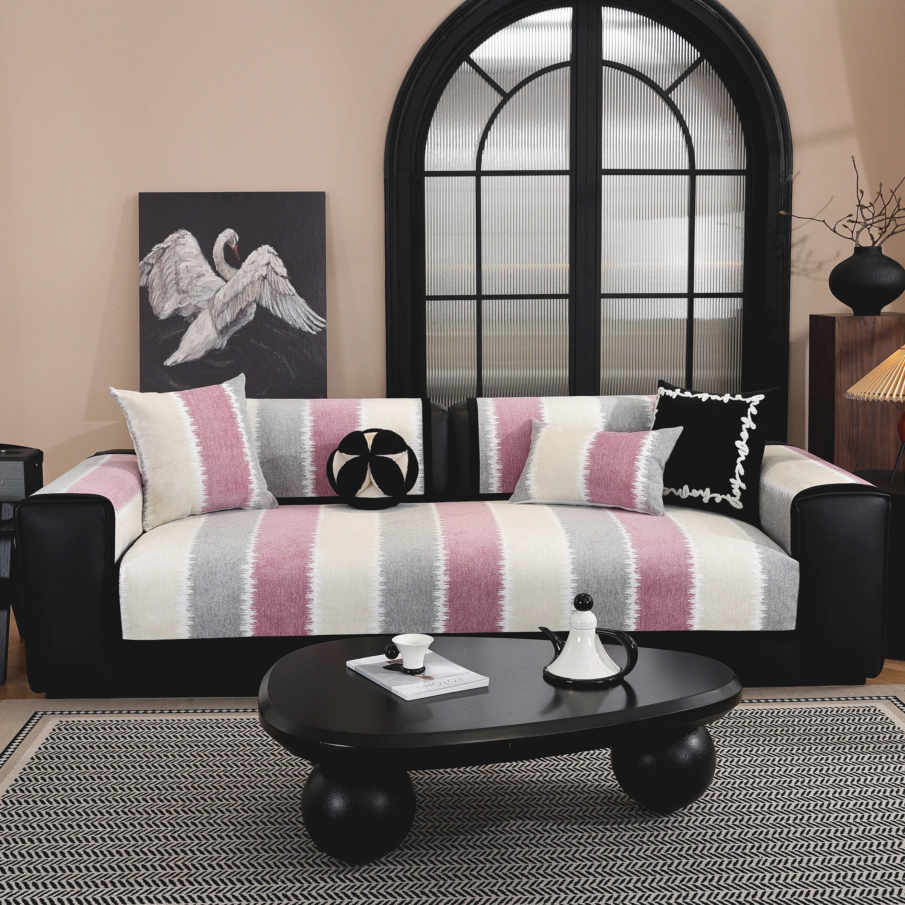 Striped Colorblock Non-Slip Sectional Couch Covers, Chenille Sofa Protector Cover - TaroTextile