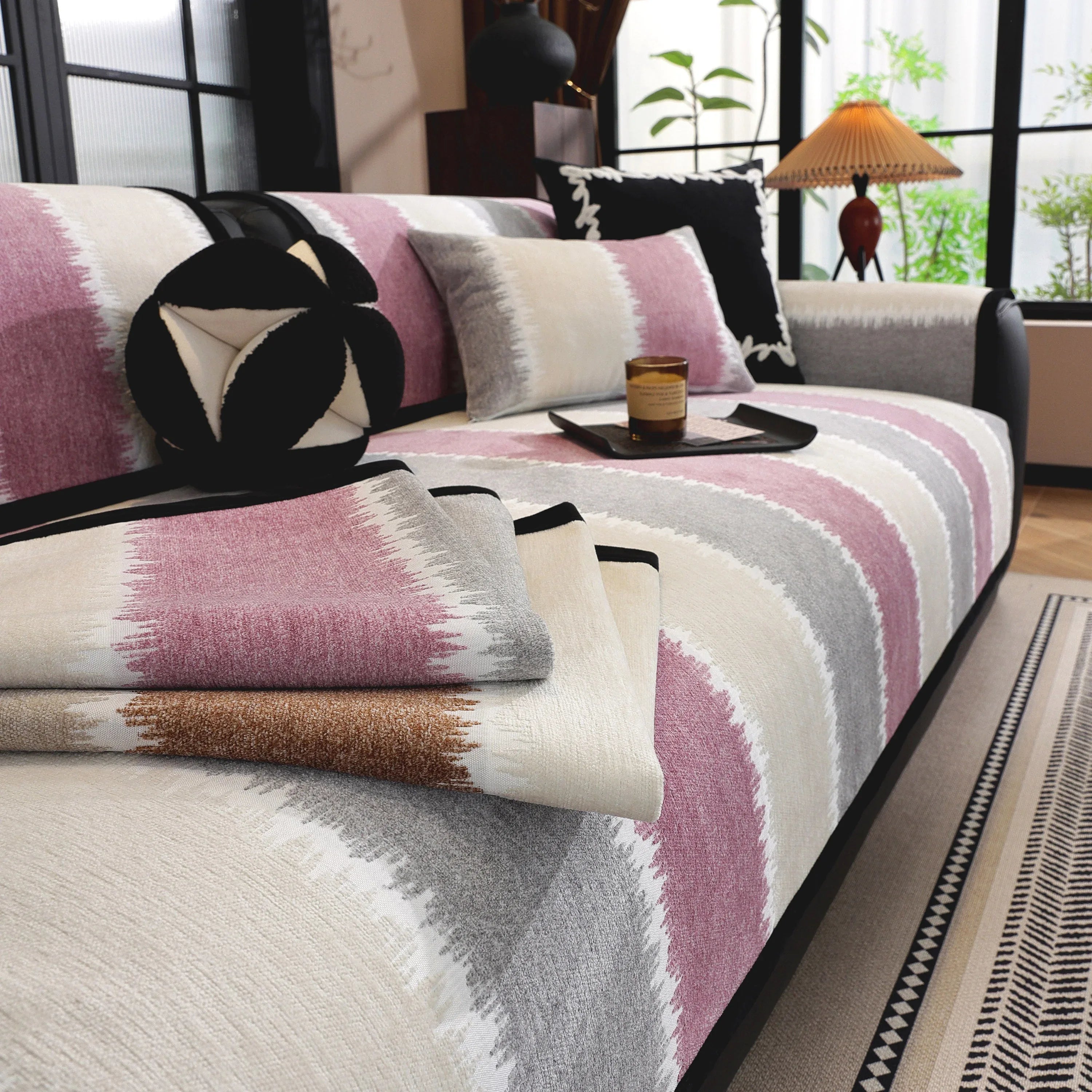 Striped Colorblock Non-Slip Sectional Couch Covers, Chenille Sofa Protector Cover - TaroTextile