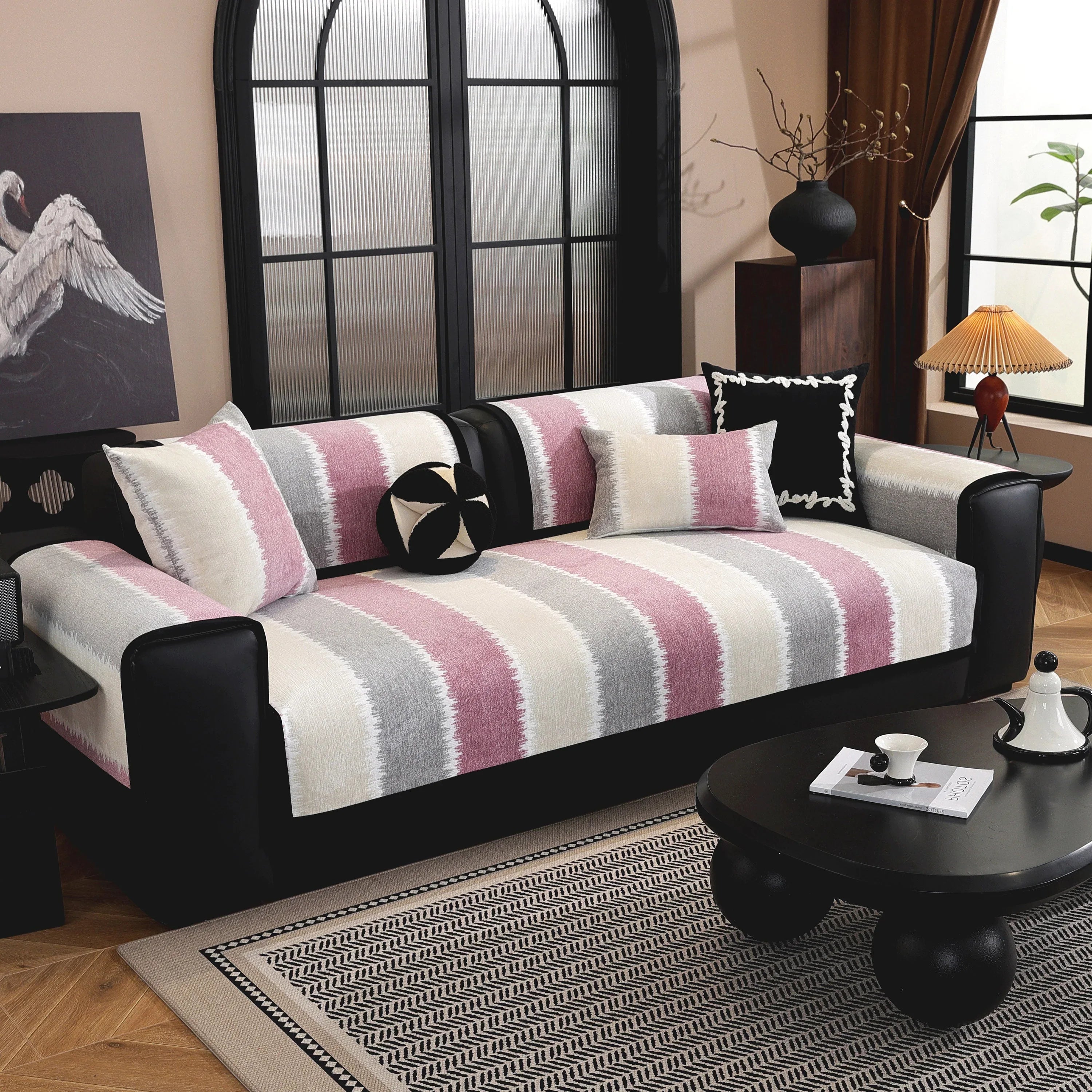 Striped Colorblock Non-Slip Sectional Couch Covers, Chenille Sofa Protector Cover - TaroTextile