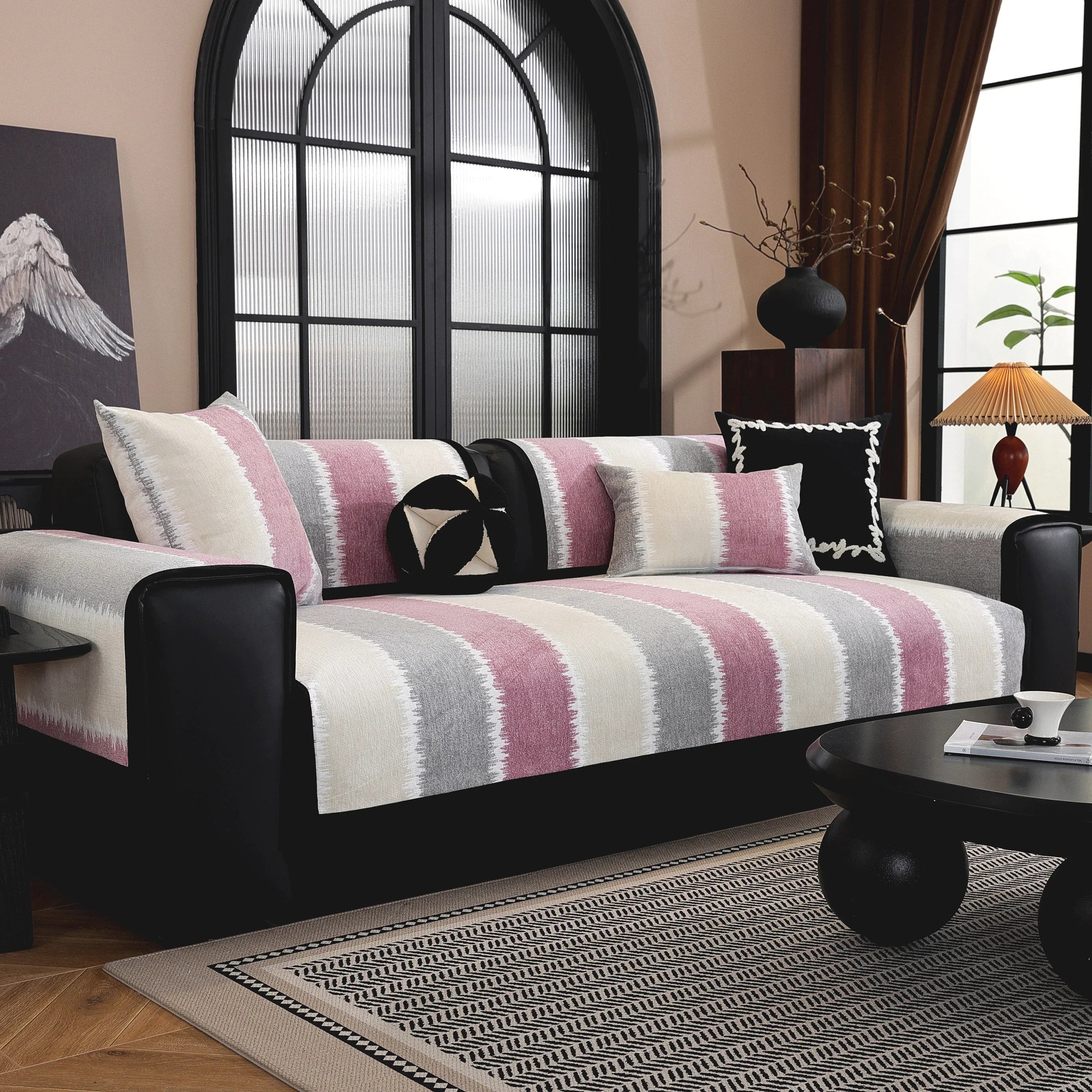 Striped Colorblock Non-Slip Sectional Couch Covers, Chenille Sofa Protector Cover - TaroTextile