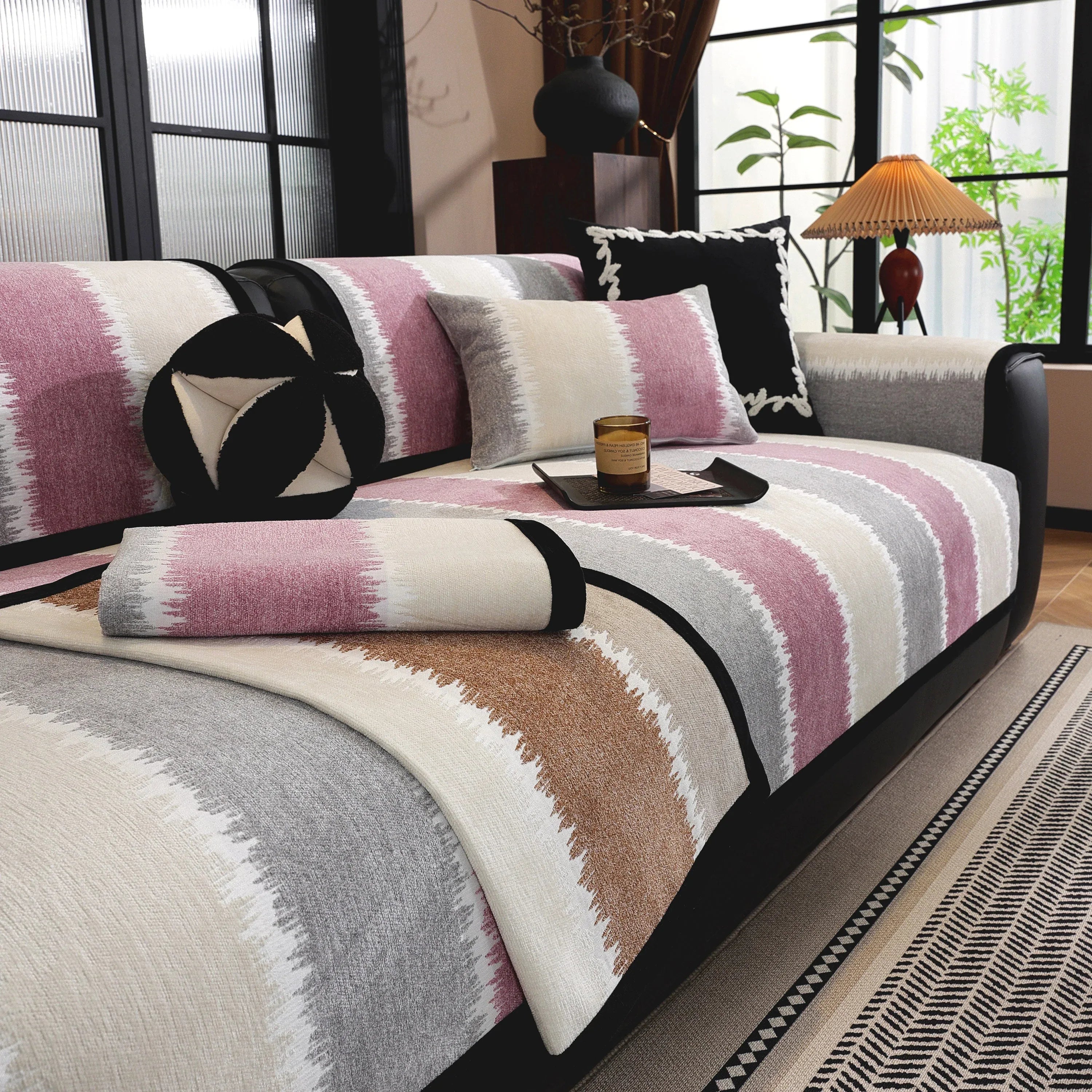 Striped Colorblock Non-Slip Sectional Couch Covers, Chenille Sofa Protector Cover - TaroTextile