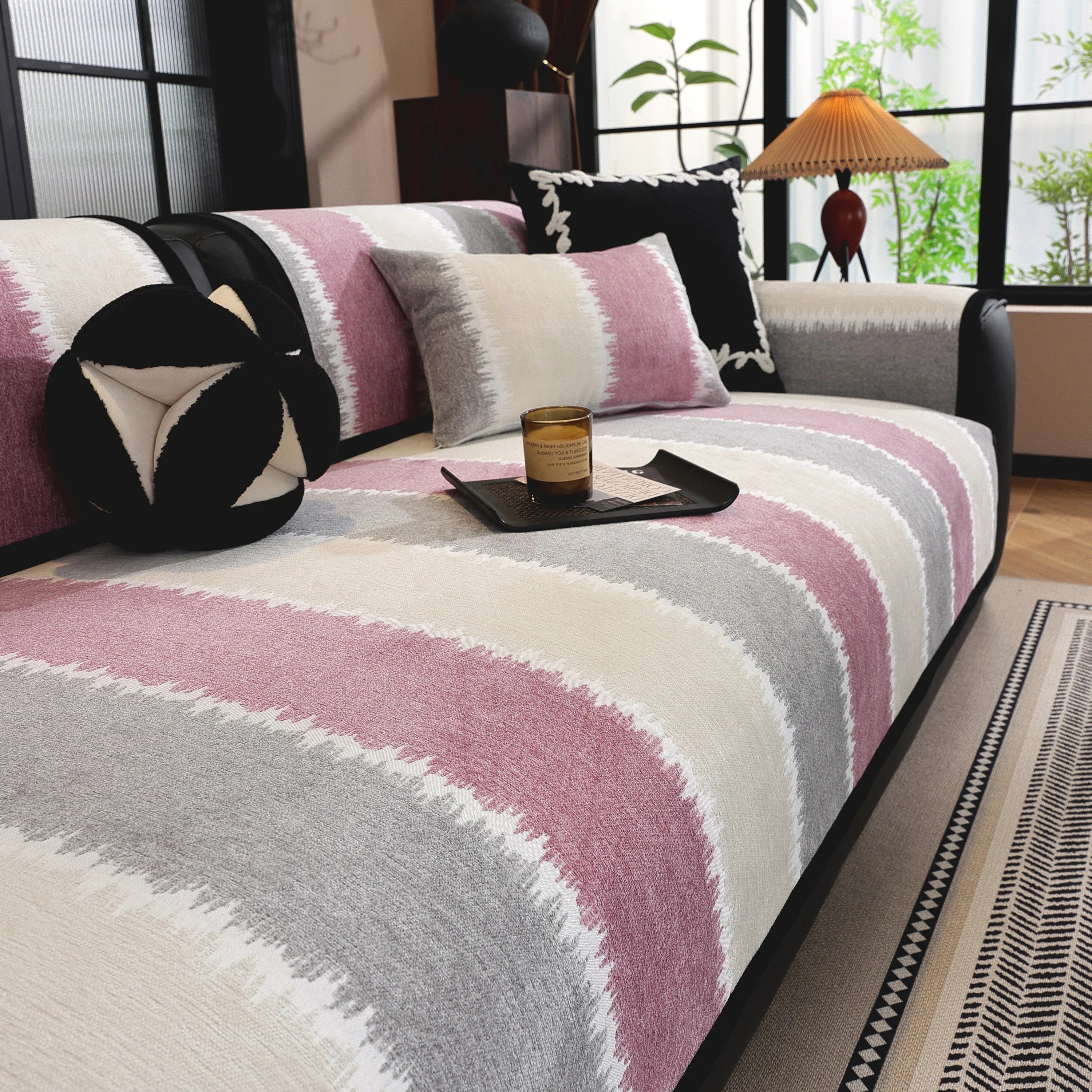 Striped Colorblock Non-Slip Sectional Couch Covers, Chenille Sofa Protector Cover - TaroTextile