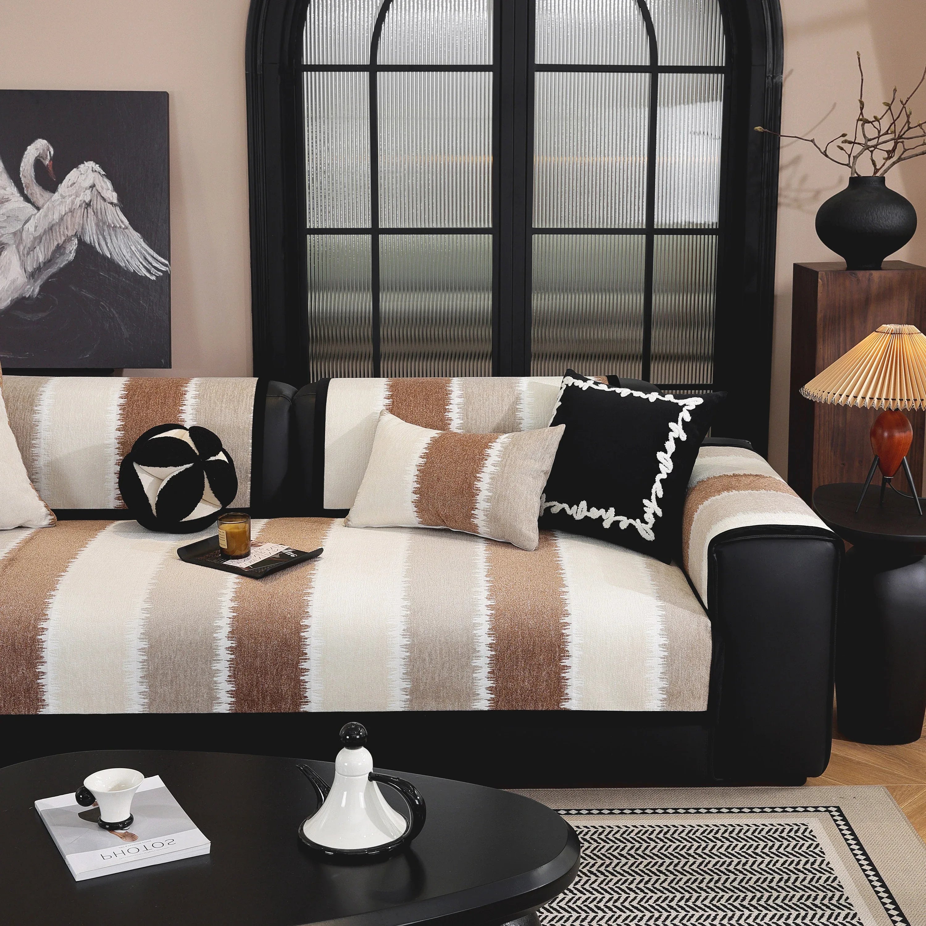 Striped Colorblock Non-Slip Sectional Couch Covers, Chenille Sofa Protector Cover - TaroTextile