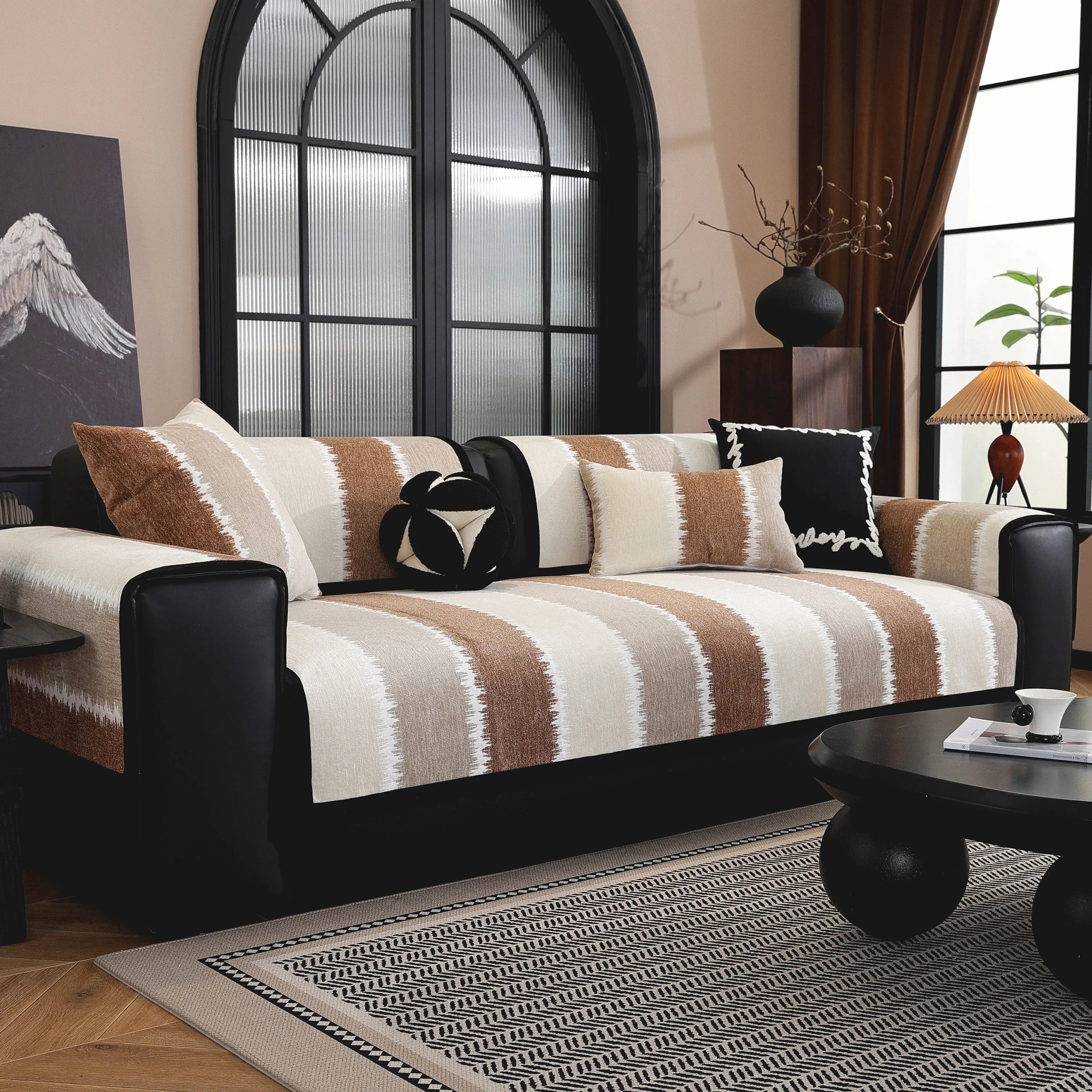 Striped Colorblock Non-Slip Sectional Couch Covers, Chenille Sofa Protector Cover - TaroTextile