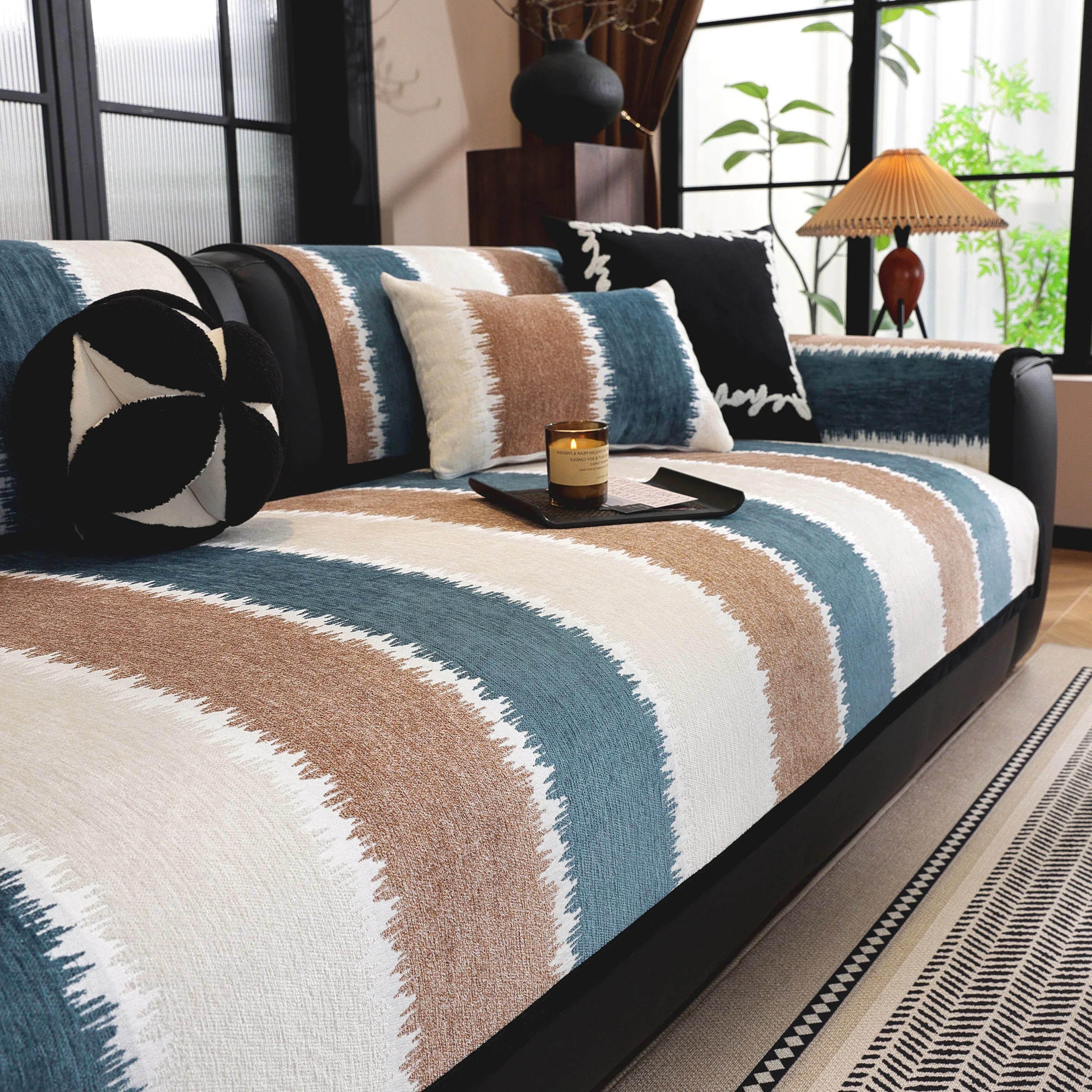 Striped Colorblock Non-Slip Sectional Couch Covers, Chenille Sofa Protector Cover - TaroTextile