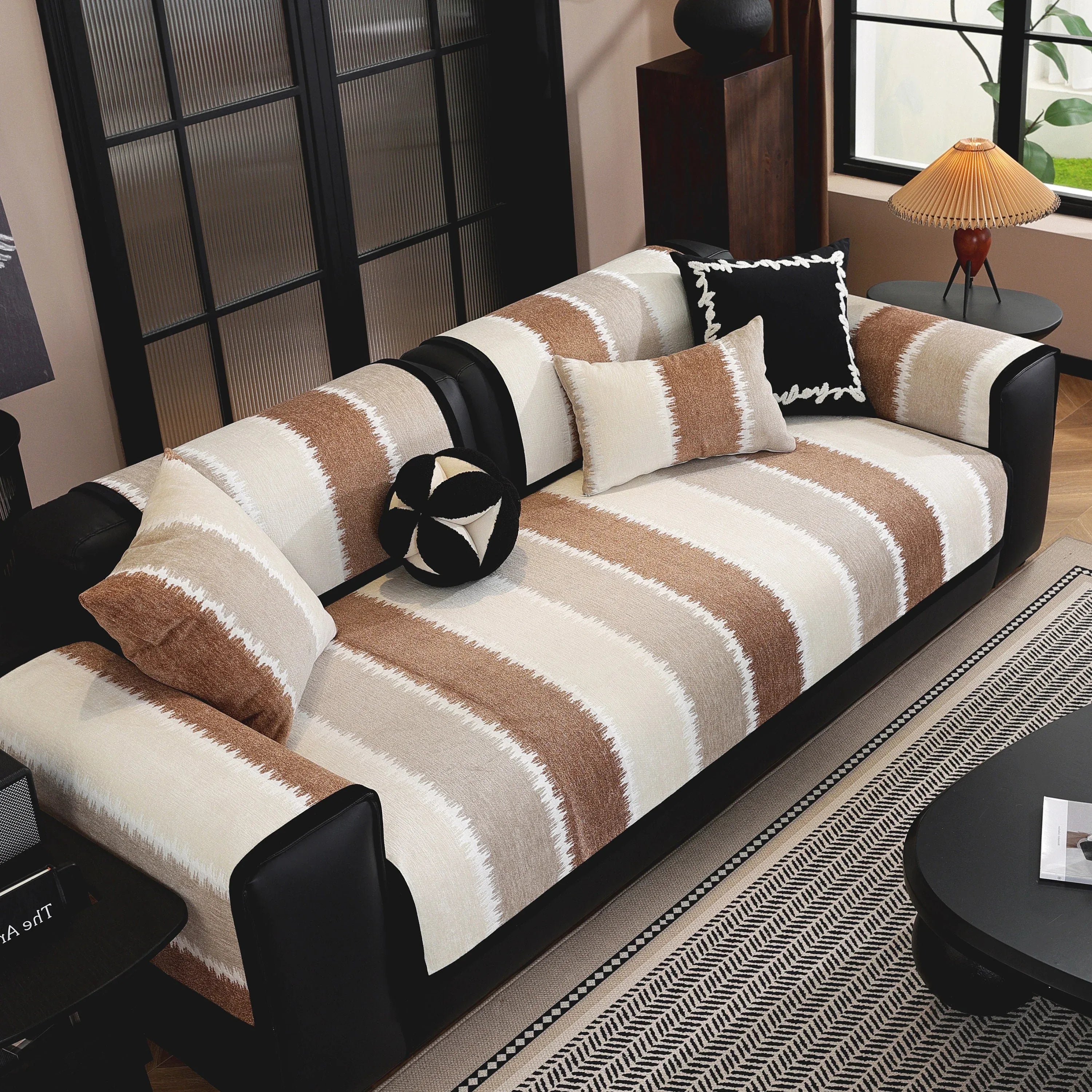 Striped Colorblock Non-Slip Sectional Couch Covers, Chenille Sofa Protector Cover - TaroTextile