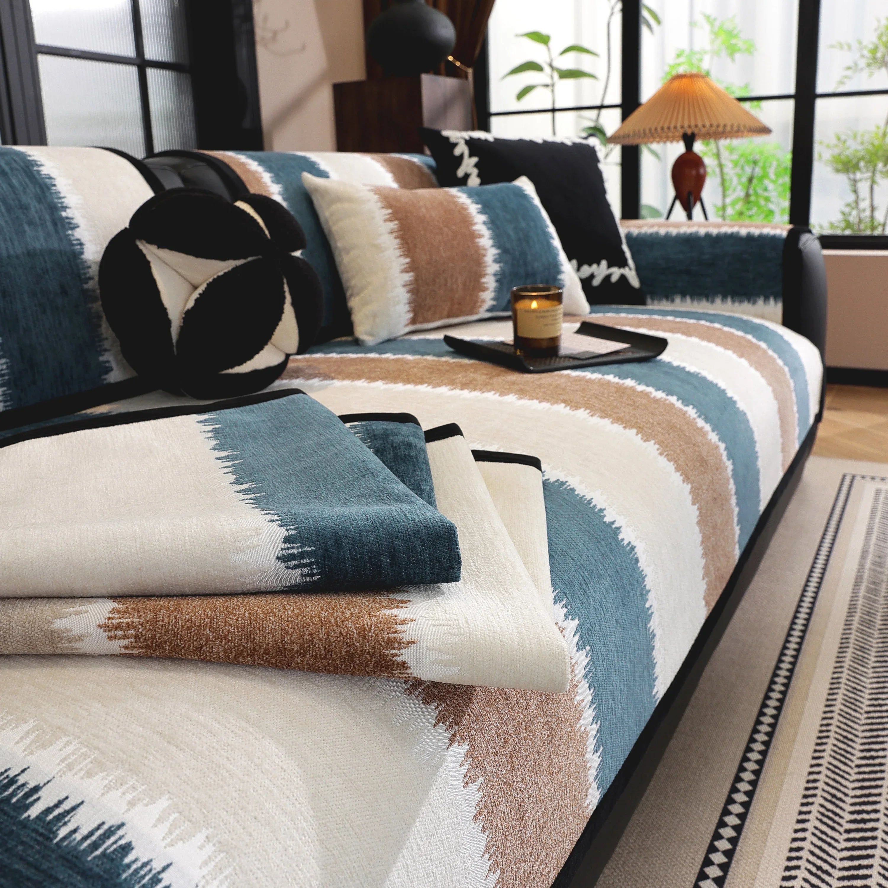 Striped Colorblock Non-Slip Sectional Couch Covers, Chenille Sofa Protector Cover - TaroTextile