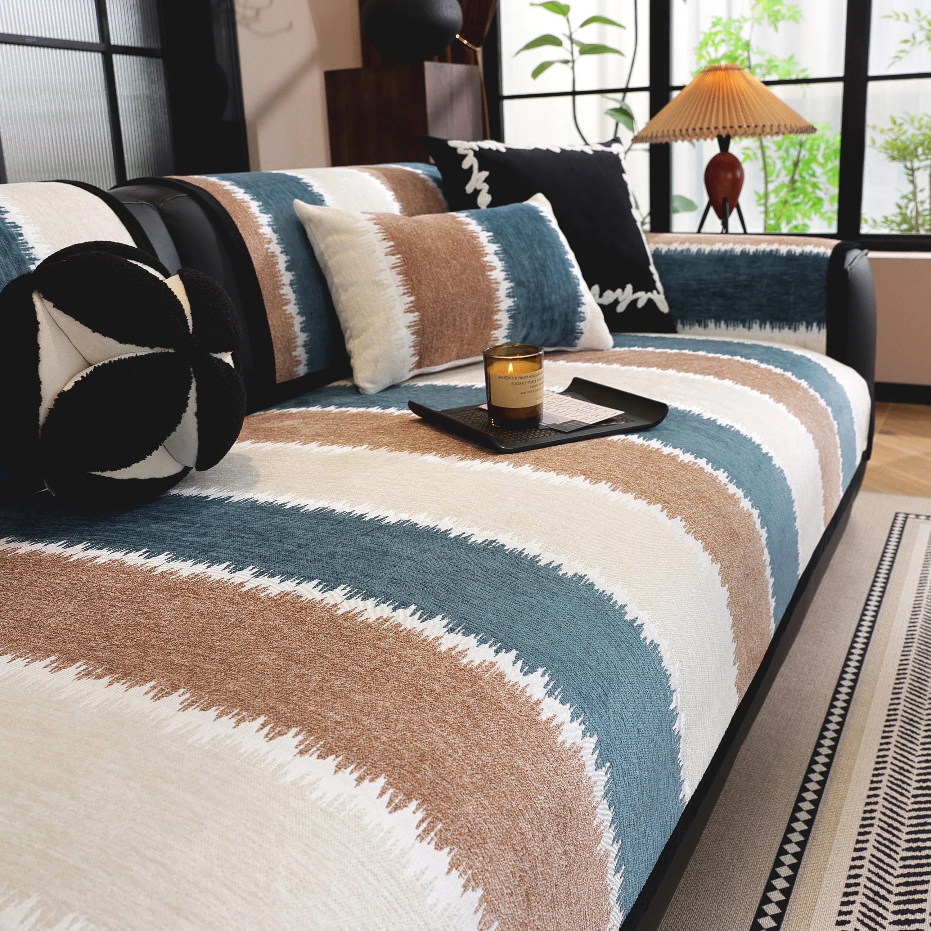 Striped Colorblock Non-Slip Sectional Couch Covers, Chenille Sofa Protector Cover - TaroTextile