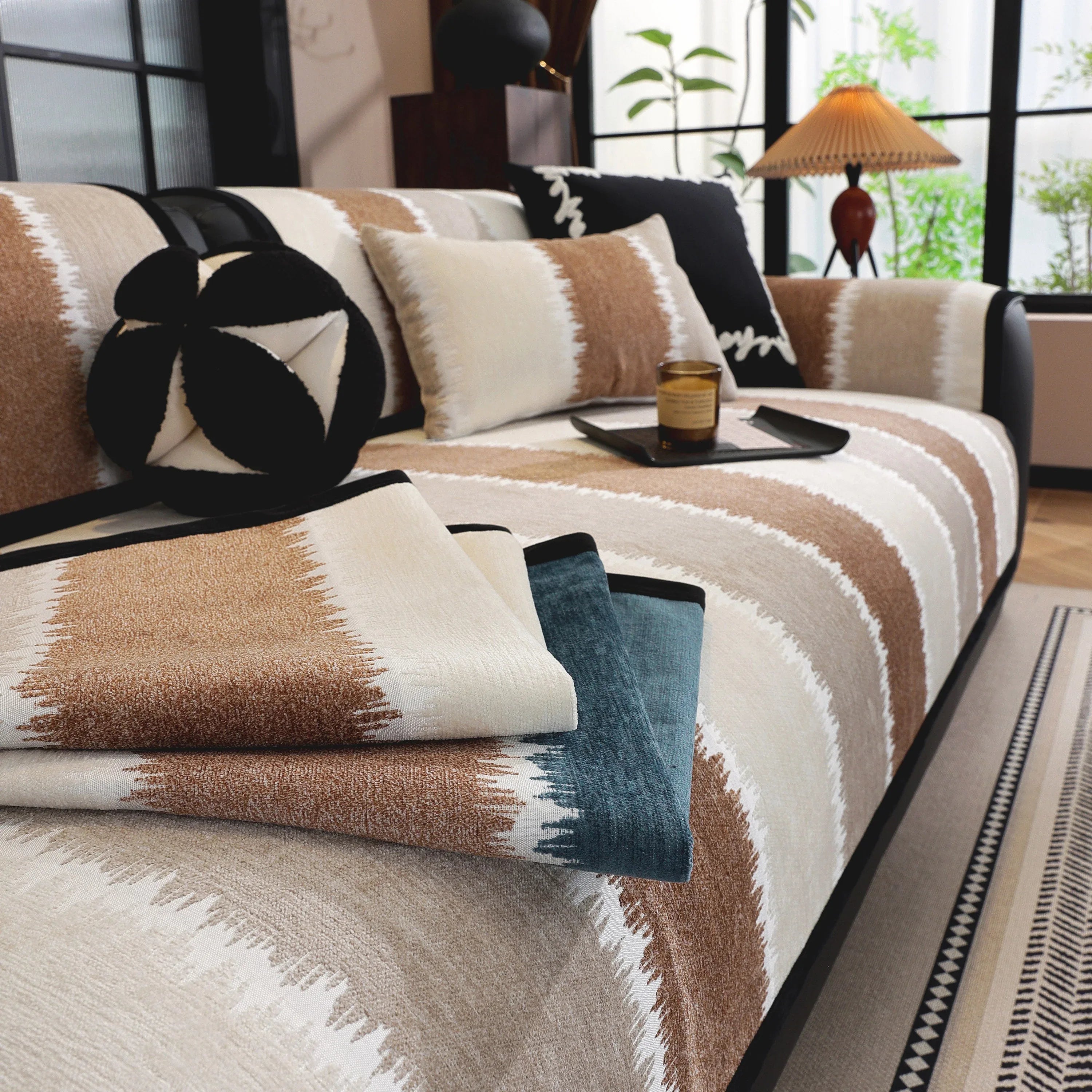 Striped Colorblock Non-Slip Sectional Couch Covers, Chenille Sofa Protector Cover - TaroTextile