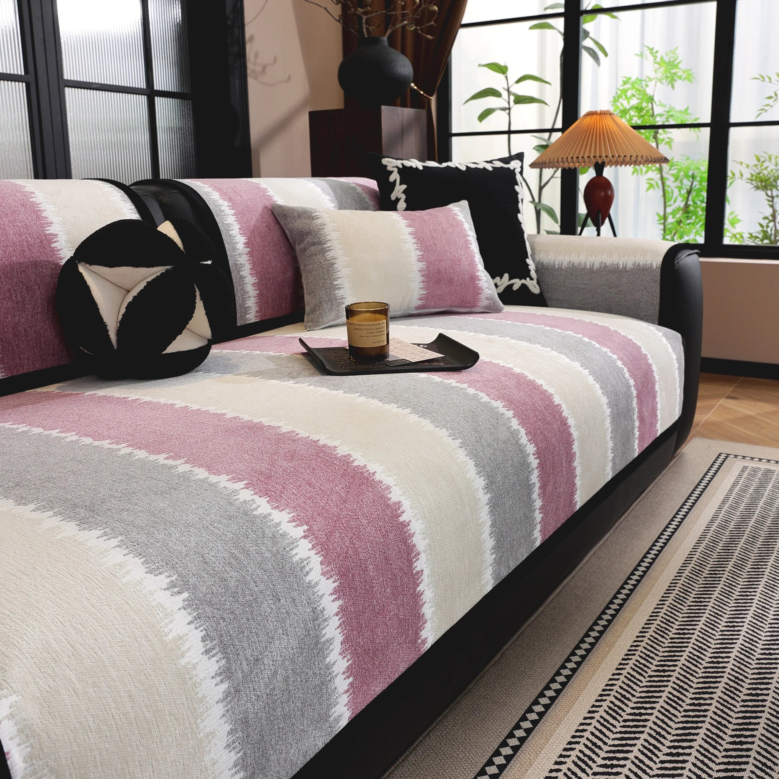 Striped Colorblock Non-Slip Sectional Couch Covers, Chenille Sofa Protector Cover - TaroTextile