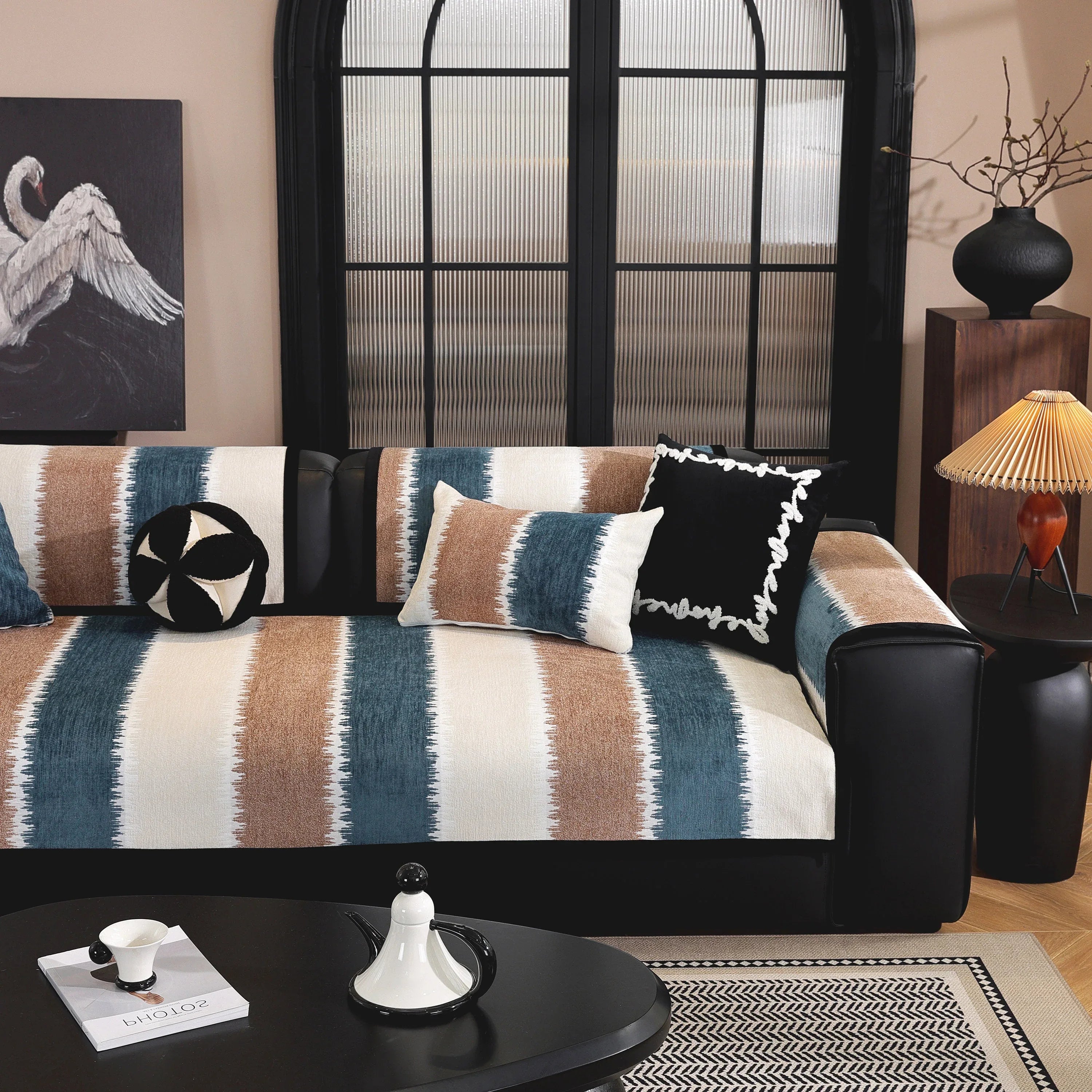 Striped Colorblock Non-Slip Sectional Couch Covers, Chenille Sofa Protector Cover - TaroTextile