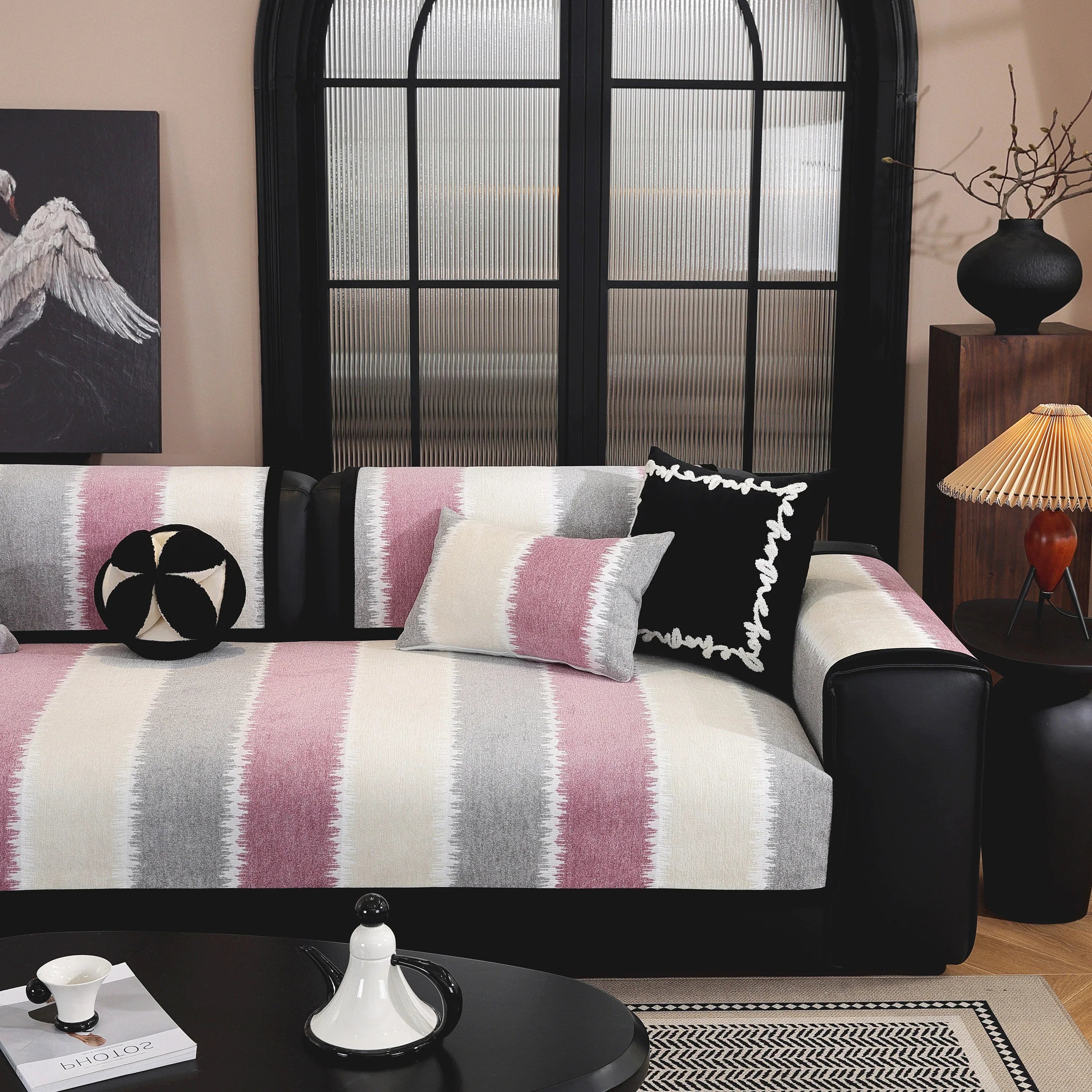 Striped Colorblock Non-Slip Sectional Couch Covers, Chenille Sofa Protector Cover - TaroTextile