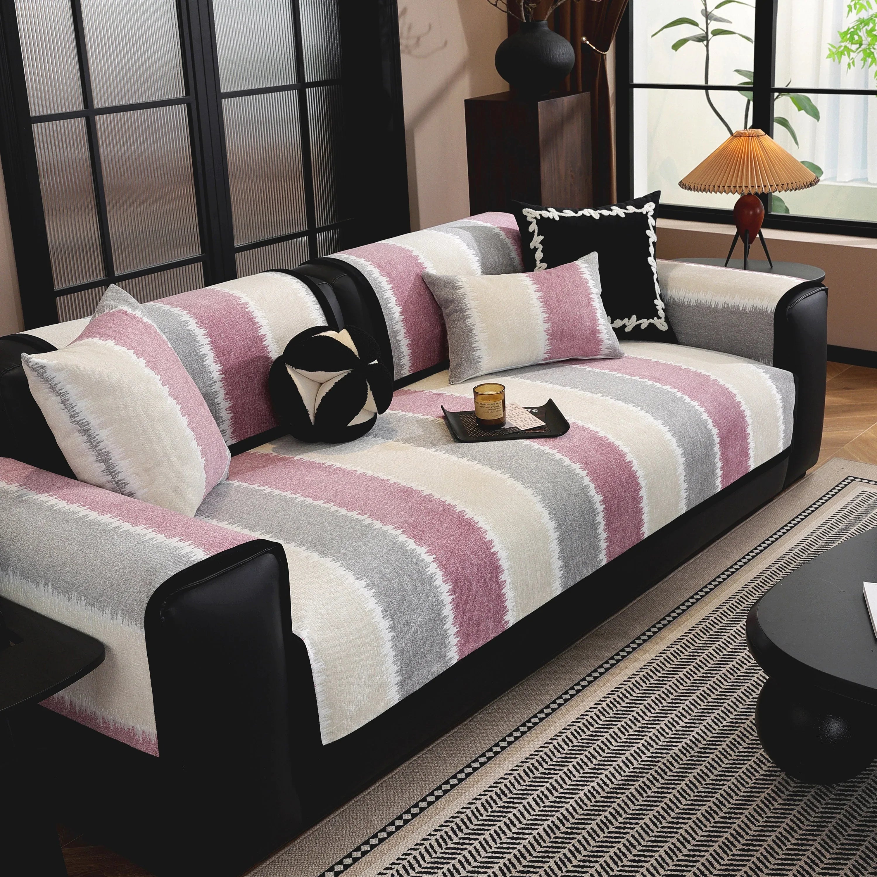 Striped Colorblock Non-Slip Sectional Couch Covers, Chenille Sofa Protector Cover - TaroTextile