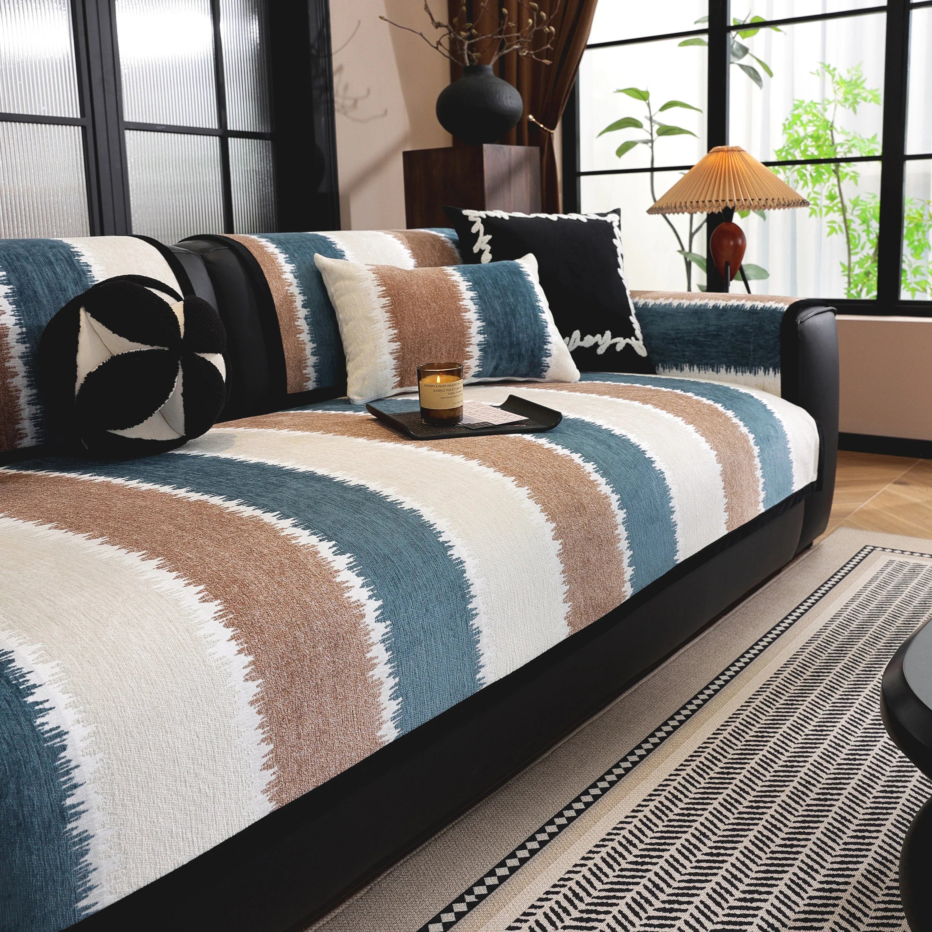 Striped Colorblock Non-Slip Sectional Couch Covers, Chenille Sofa Protector Cover - TaroTextile