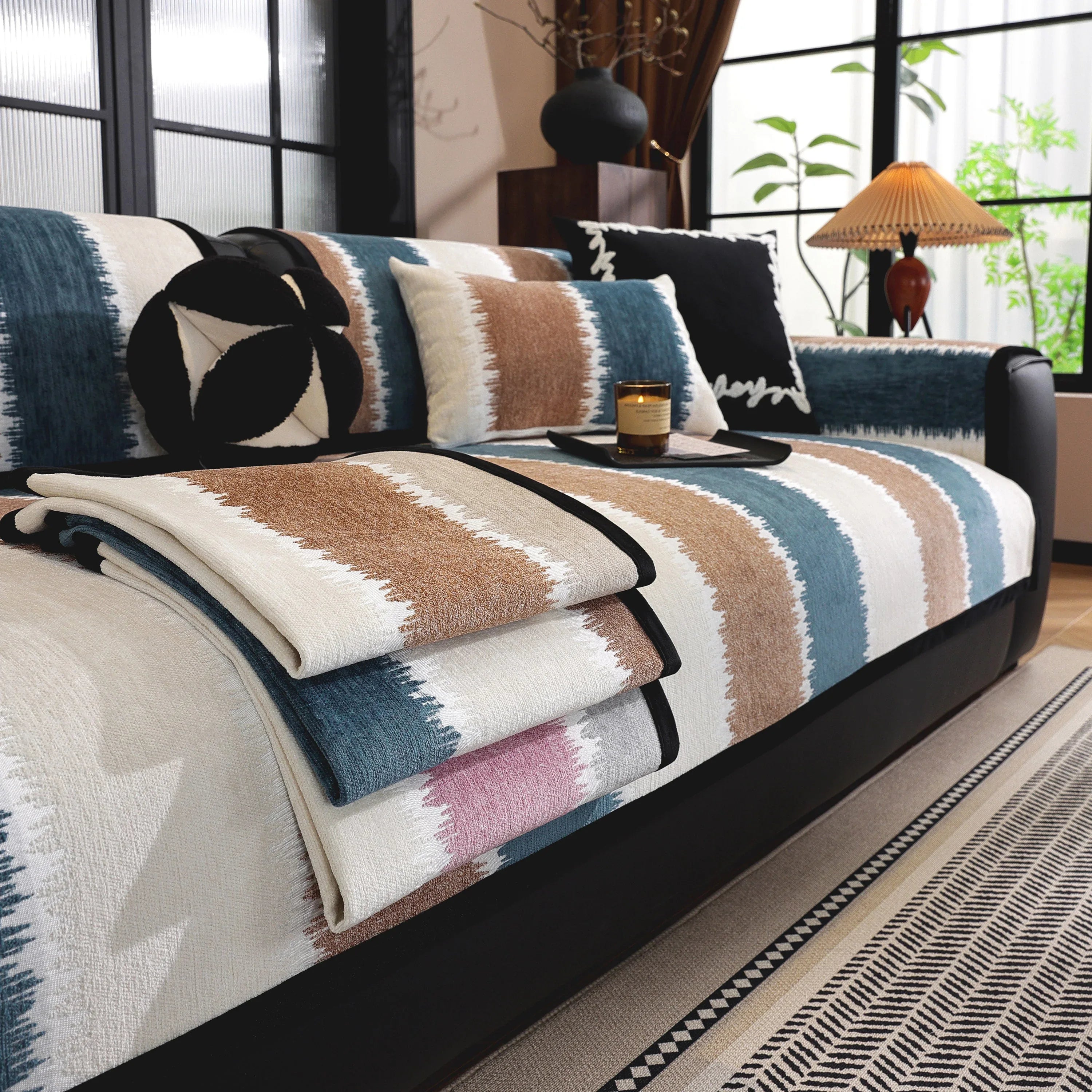 Striped Colorblock Non-Slip Sectional Couch Covers, Chenille Sofa Protector Cover - TaroTextile