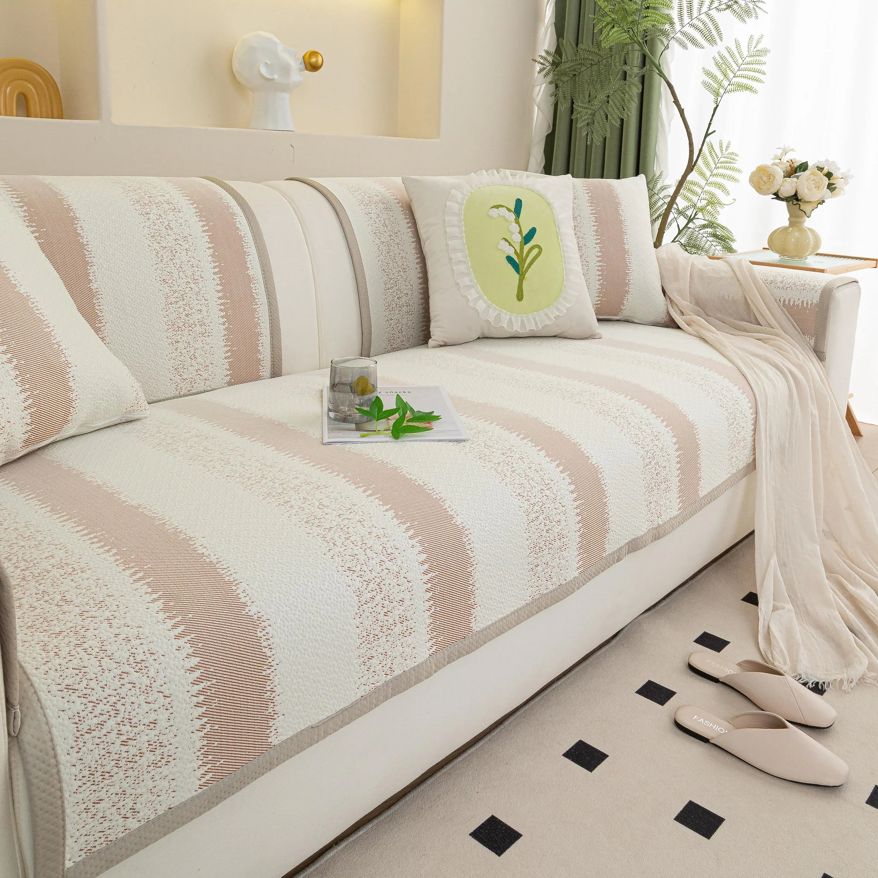 Striped Non-Slip Cooling Couch Cover, Summer Couch Pads for Seat Back Armrest - TaroTextile