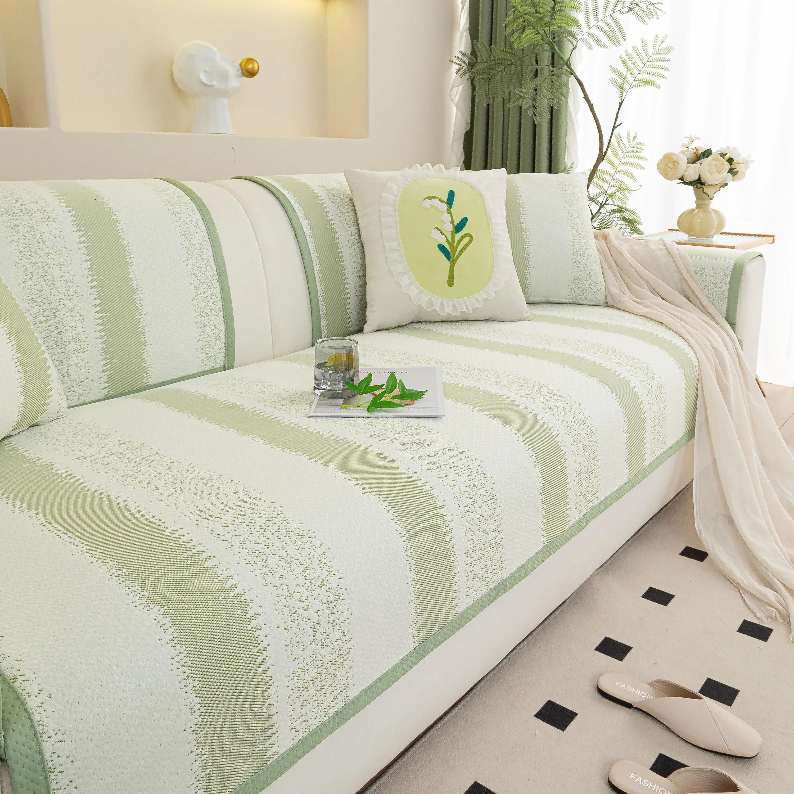 Striped Non-Slip Cooling Couch Cover, Summer Couch Pads for Seat Back Armrest - TaroTextile