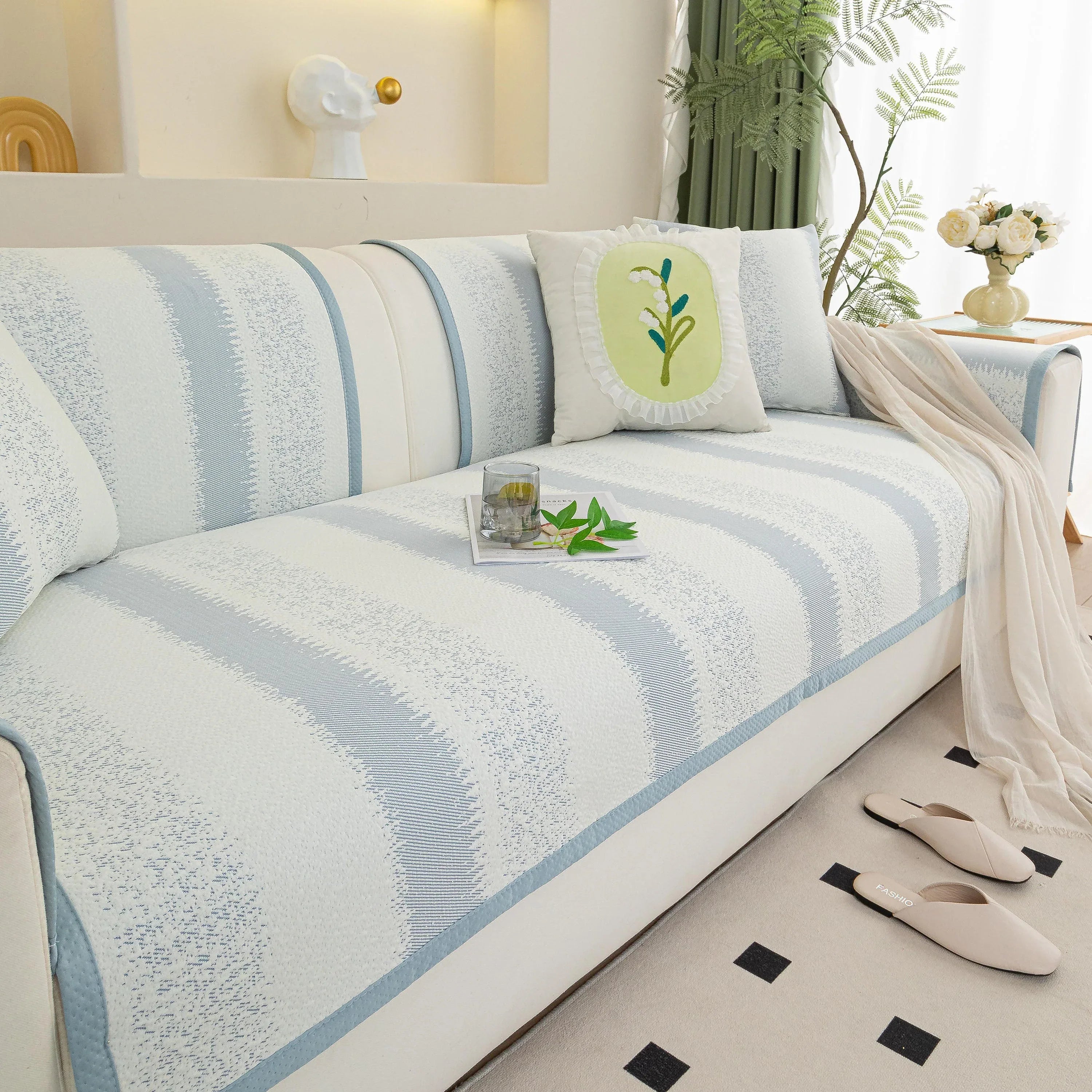 Striped Non-Slip Cooling Couch Cover, Summer Couch Pads for Seat Back Armrest - TaroTextile