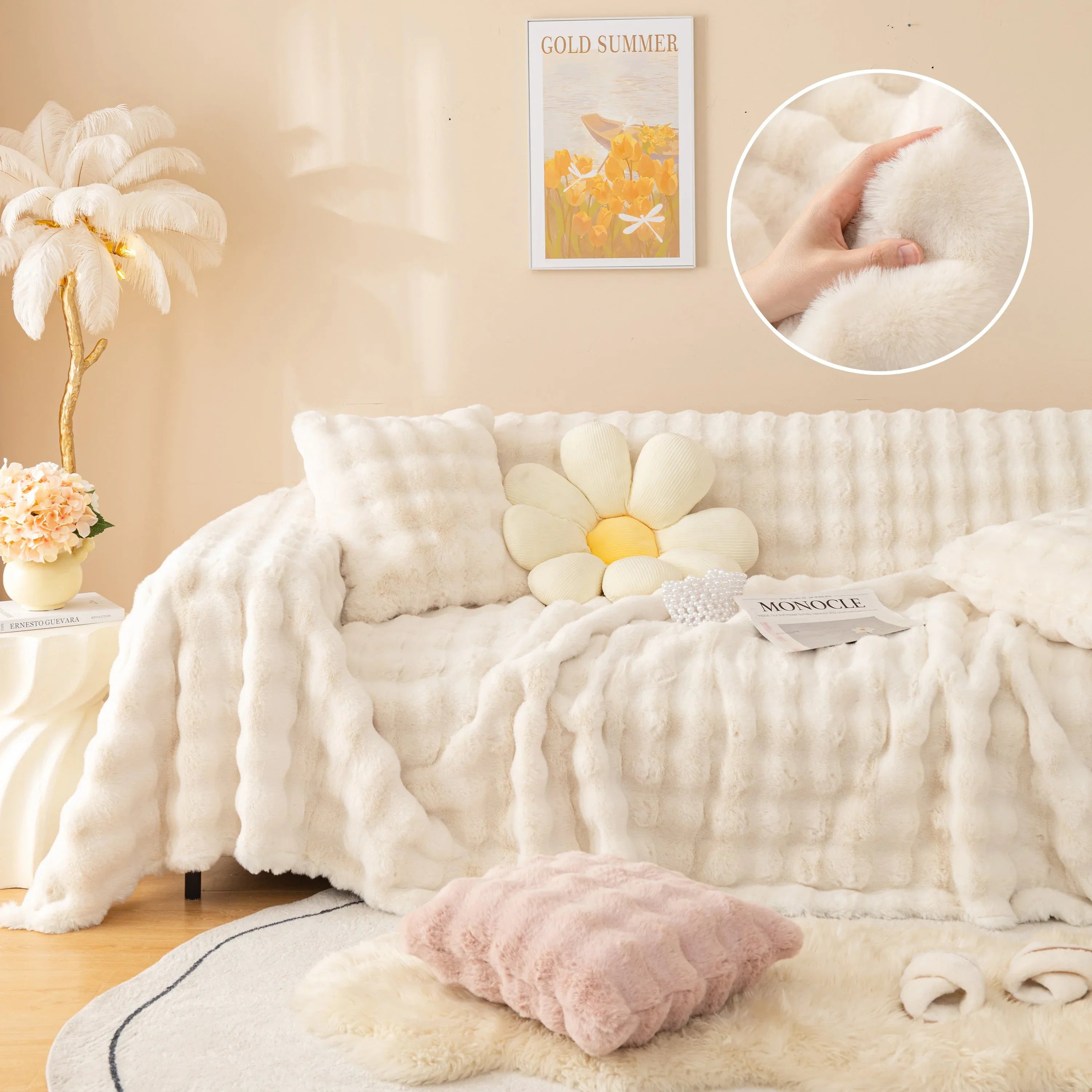 Super Soft Fluffy Faux Rabbit Fur Sofa Throw Blanket, Couch Cover Blanket for Couches Living Room Furniture Throw - TaroTextile