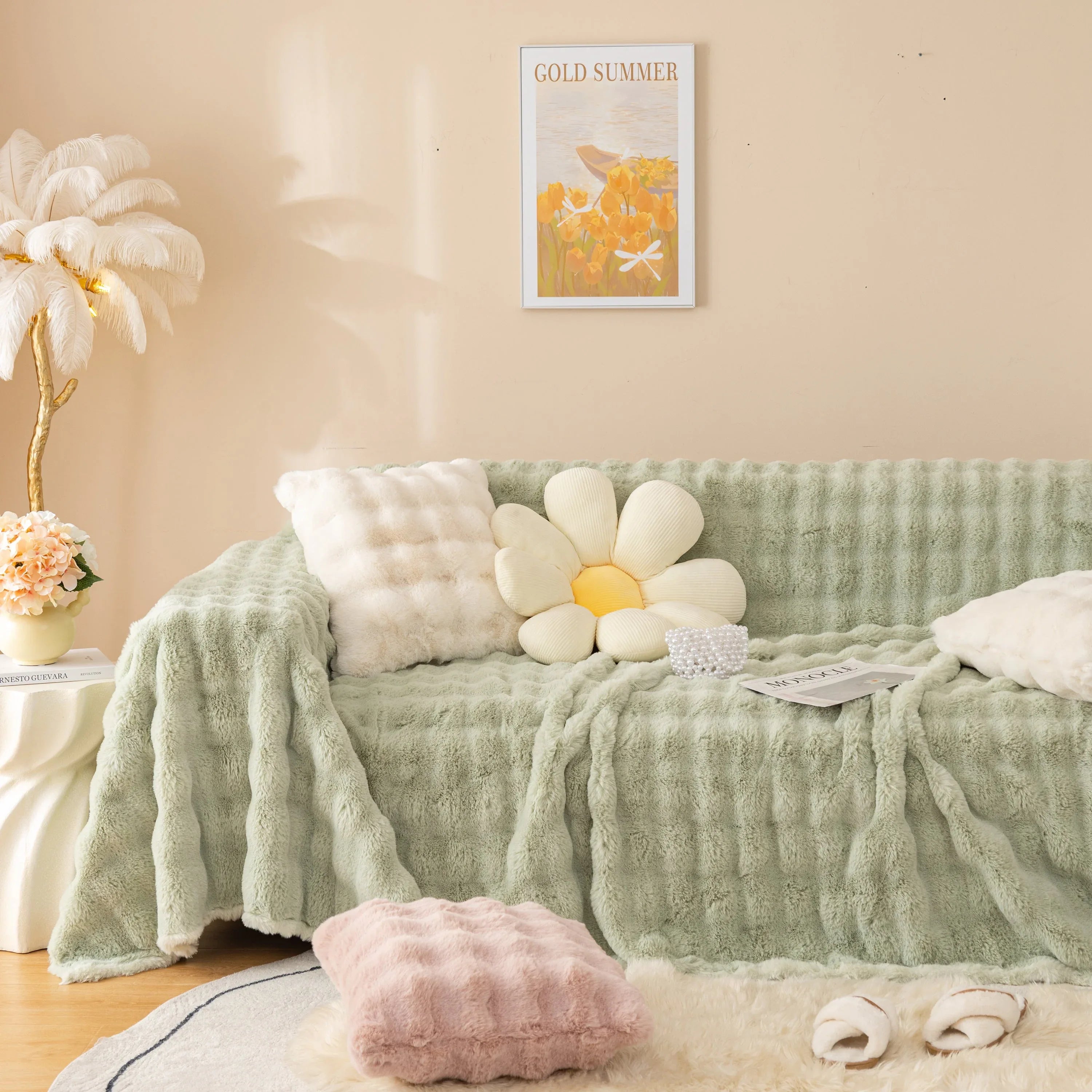 Super Soft Fluffy Faux Rabbit Fur Sofa Throw Blanket, Couch Cover Blanket for Couches Living Room Furniture Throw - TaroTextile