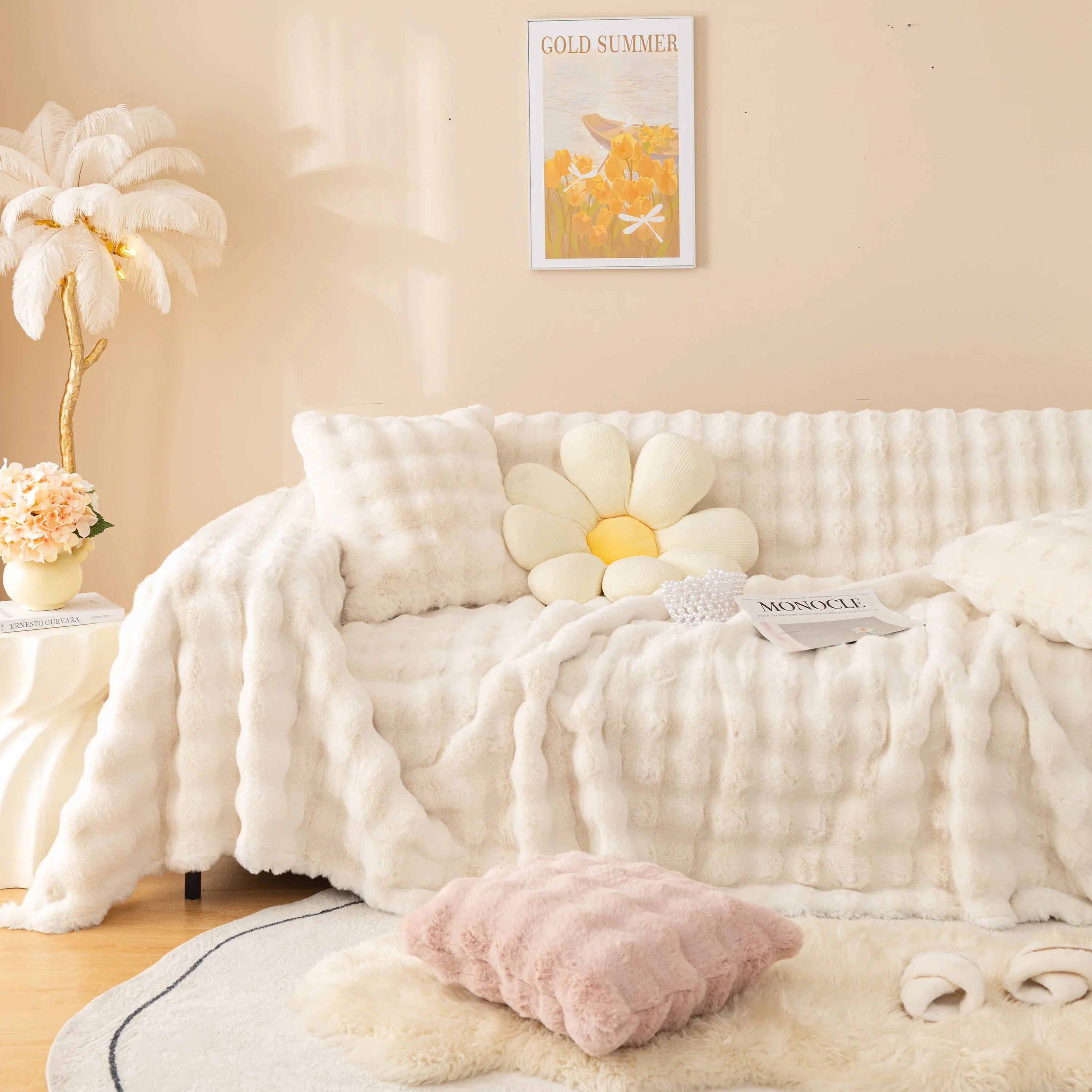 Super Soft Fluffy Faux Rabbit Fur Sofa Throw Blanket, Couch Cover Blanket for Couches Living Room Furniture Throw - TaroTextile