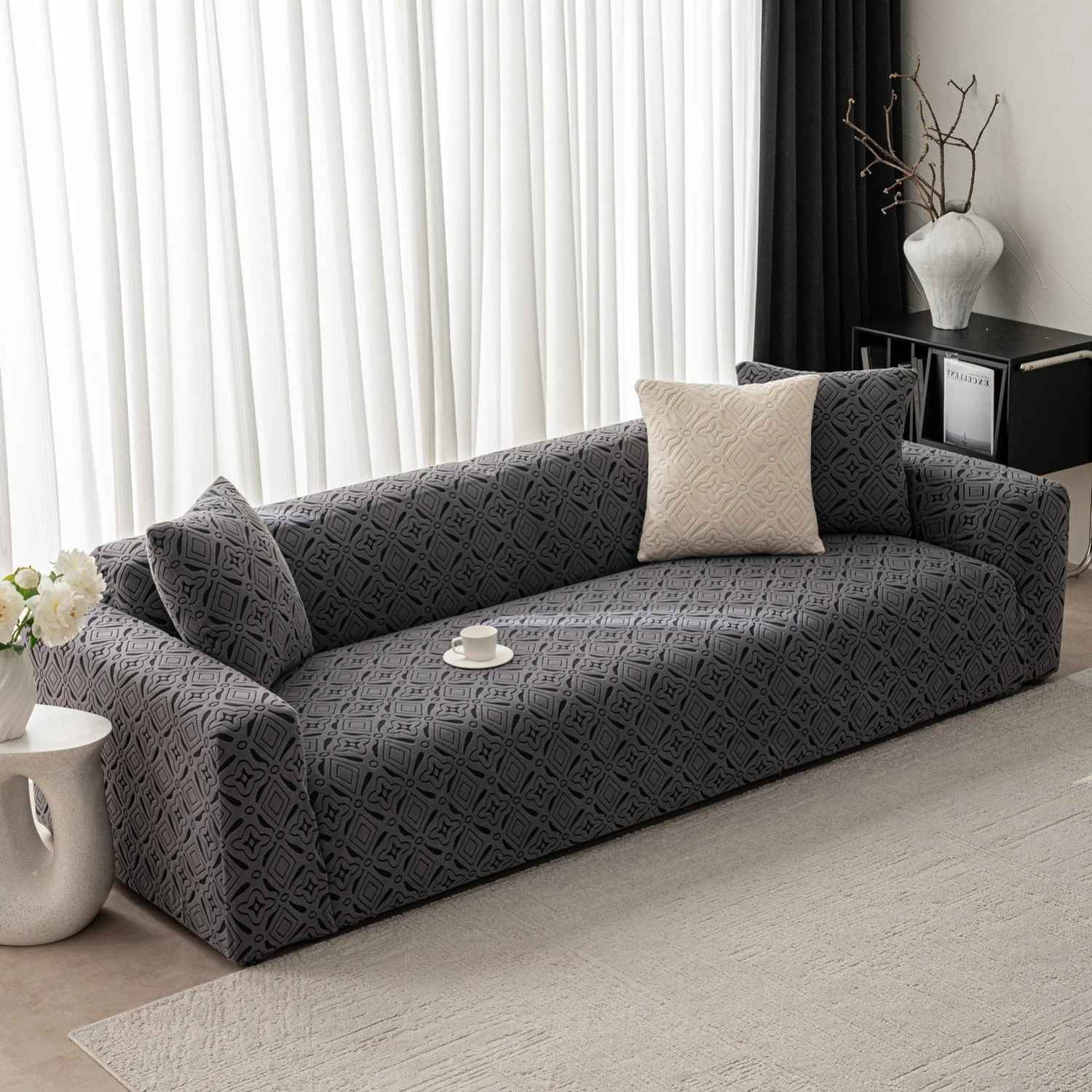 3D Jacquard Geometric Sofa Cover, High Stretch Soft Polar Fleece Slipcover for Couch