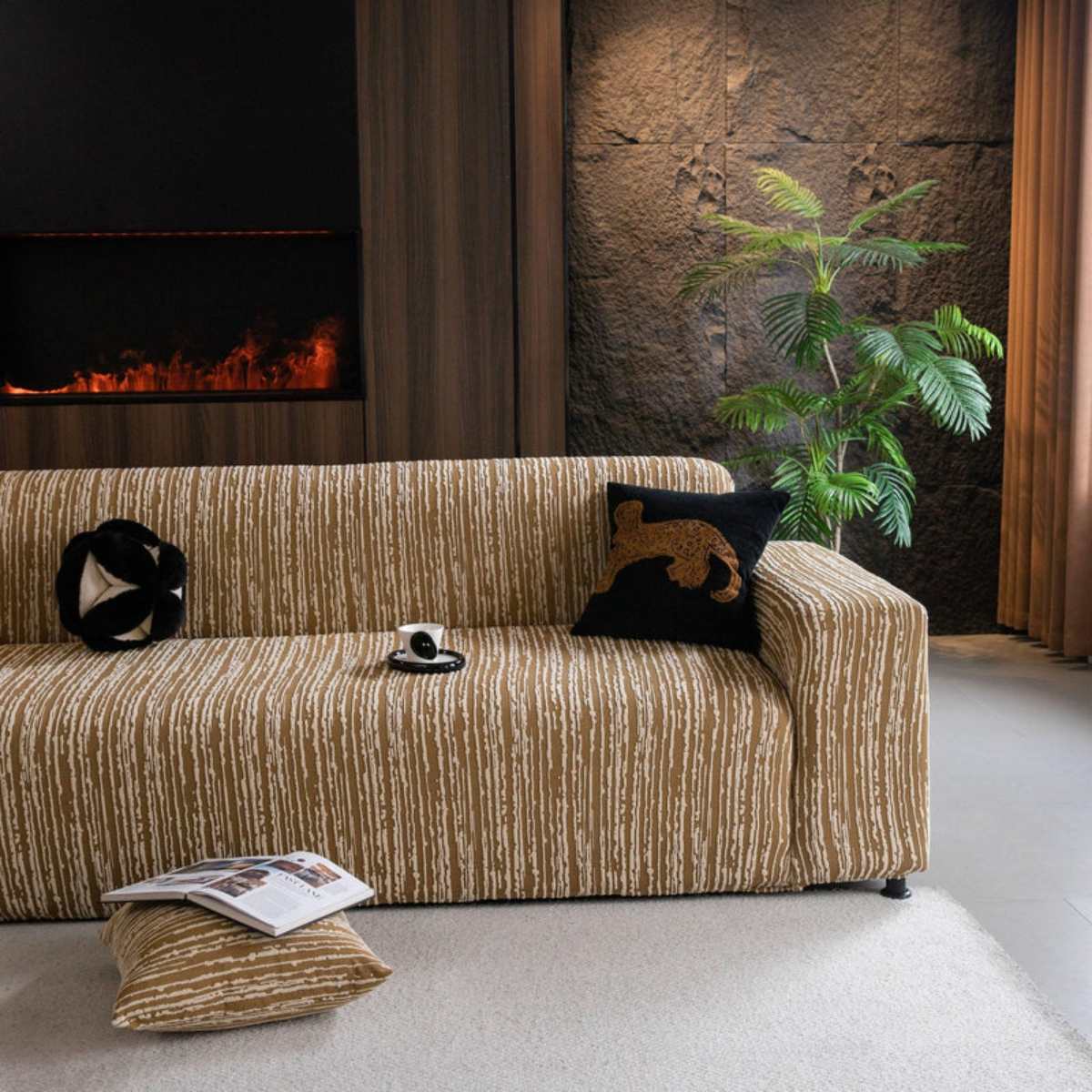 High Stretch Couch Slipcover with Abstract Stripe, Washable Non-Slip Cover for Dogs