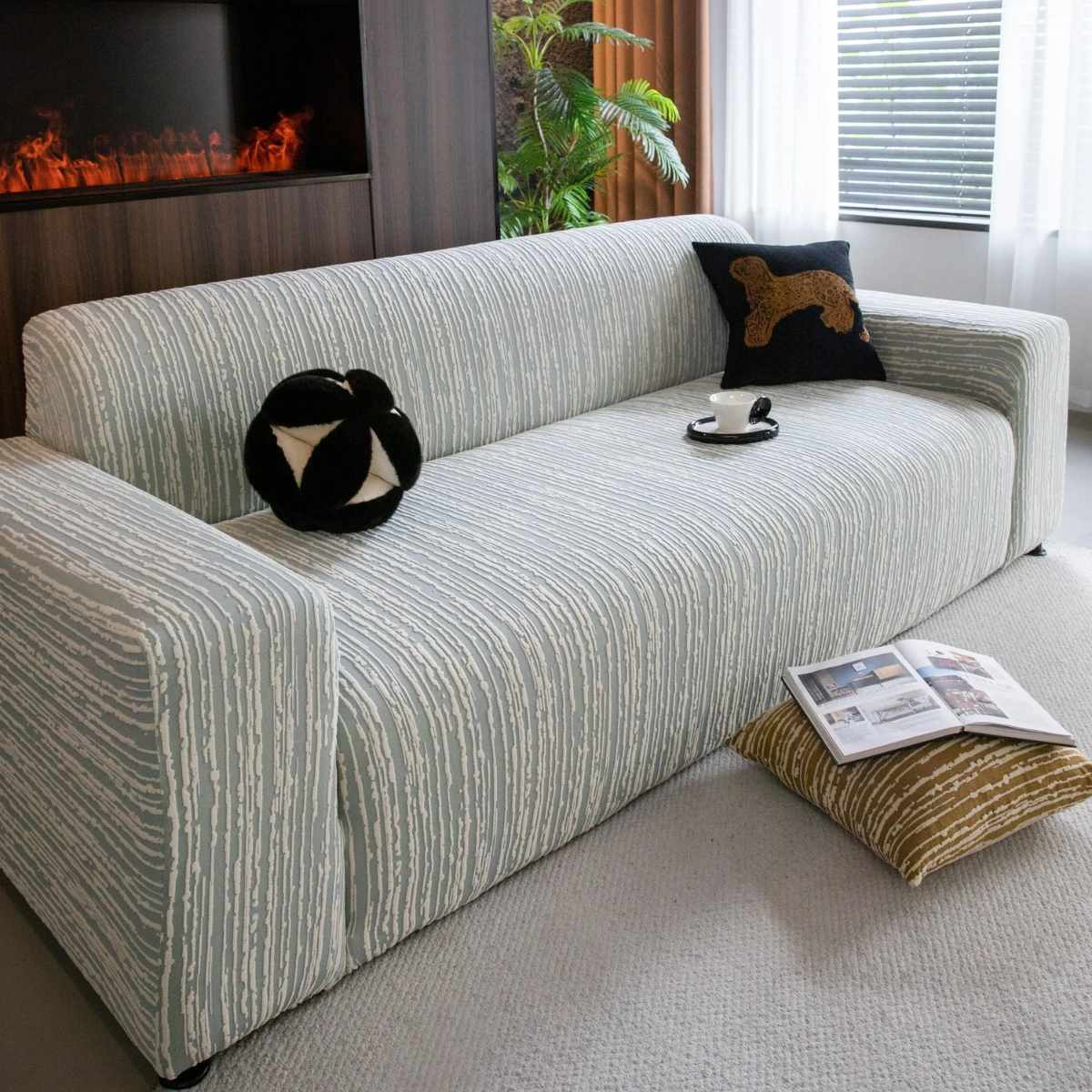High Stretch Couch Slipcover with Abstract Stripe, Washable Non-Slip Cover for Dogs