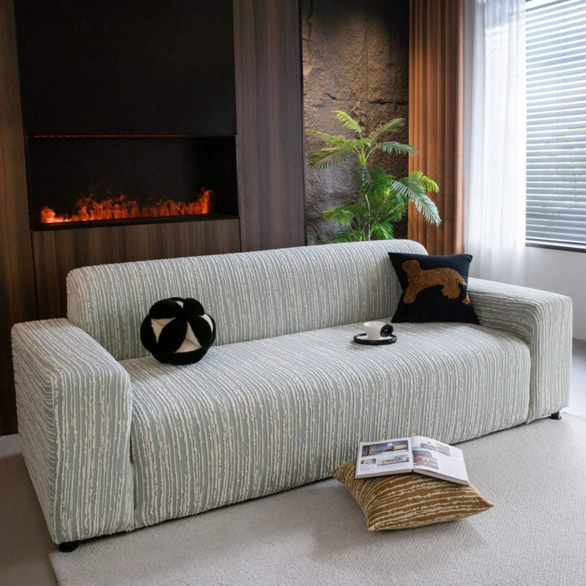 High Stretch Couch Slipcover with Abstract Stripe, Washable Non-Slip Cover for Dogs