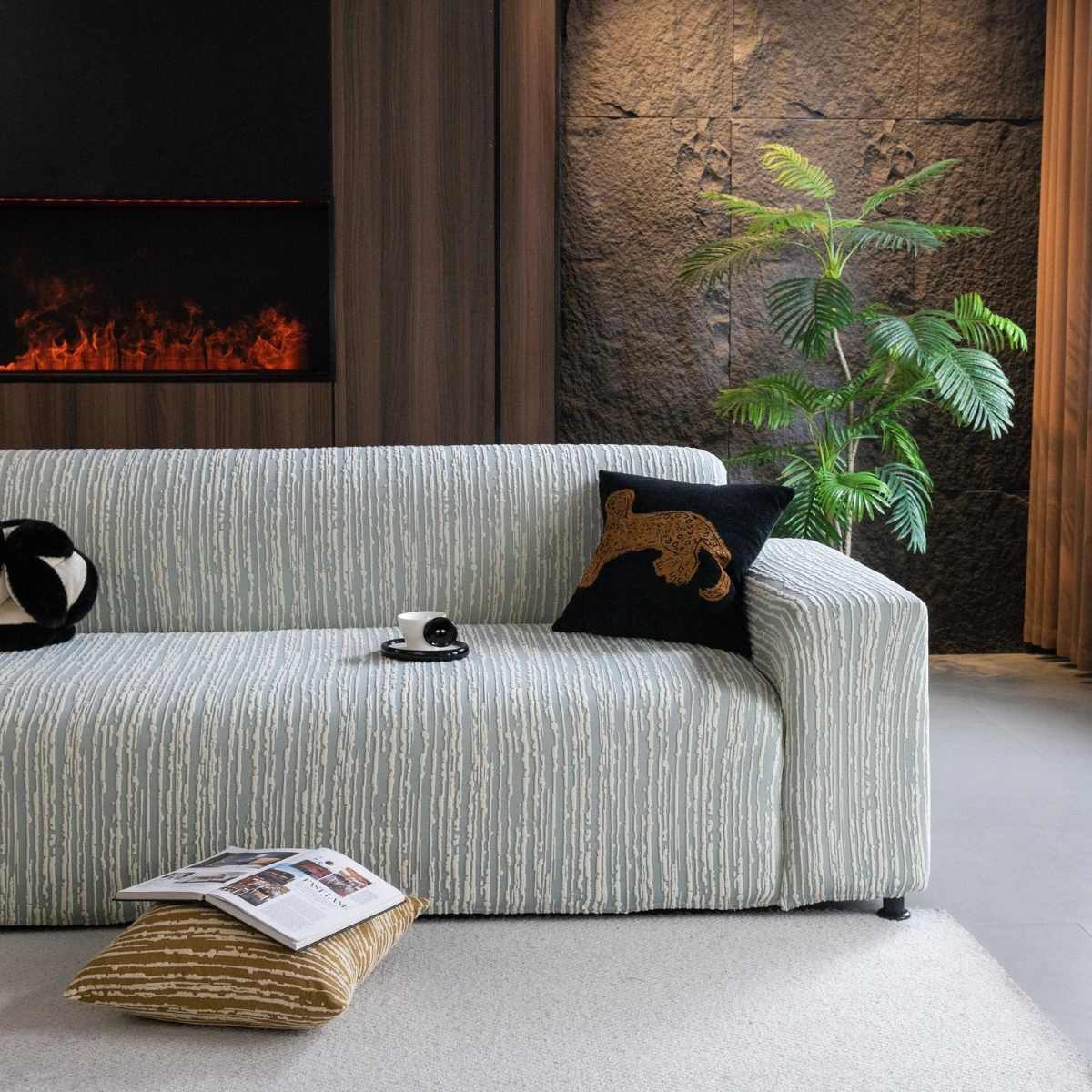High Stretch Couch Slipcover with Abstract Stripe, Washable Non-Slip Cover for Dogs