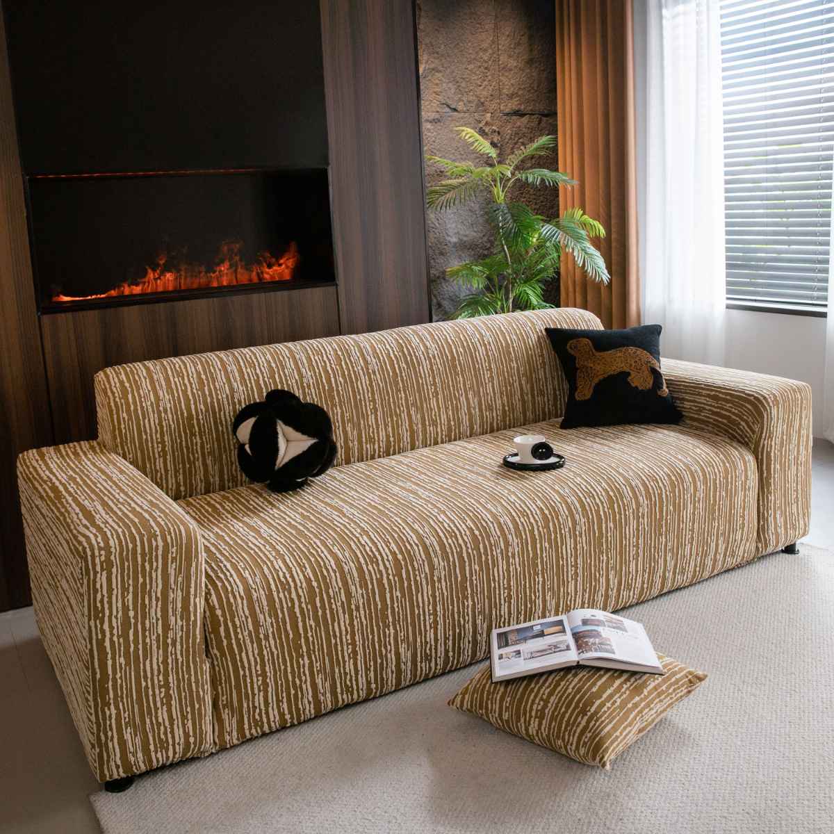 High Stretch Couch Slipcover with Abstract Stripe, Washable Non-Slip Cover for Dogs
