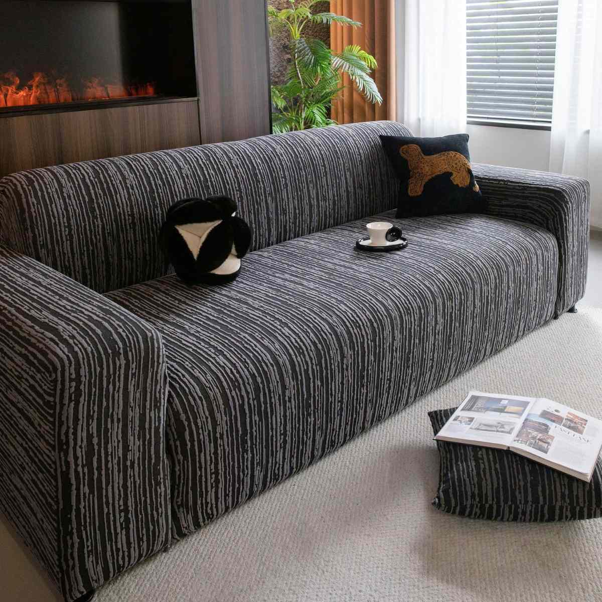 High Stretch Couch Slipcover with Abstract Stripe, Washable Non-Slip Cover for Dogs