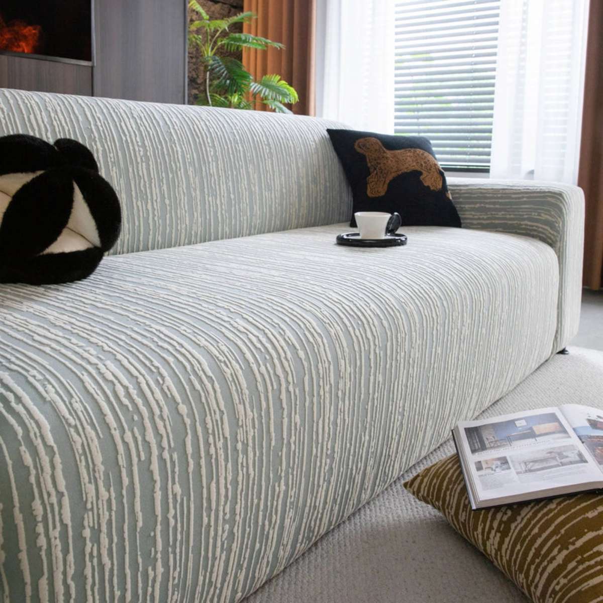 High Stretch Couch Slipcover with Abstract Stripe, Washable Non-Slip Cover for Dogs