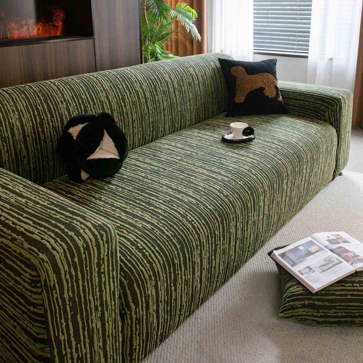 High Stretch Couch Slipcover with Abstract Stripe, Washable Non-Slip Cover for Dogs