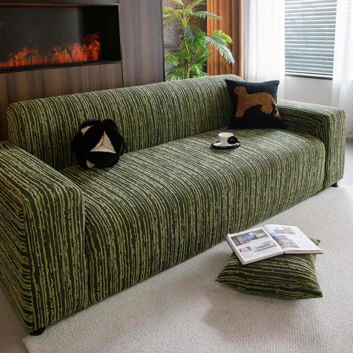 High Stretch Couch Slipcover with Abstract Stripe, Washable Non-Slip Cover for Dogs