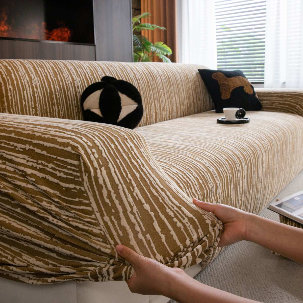 High Stretch Couch Slipcover with Abstract Stripe, Washable Non-Slip Cover for Dogs